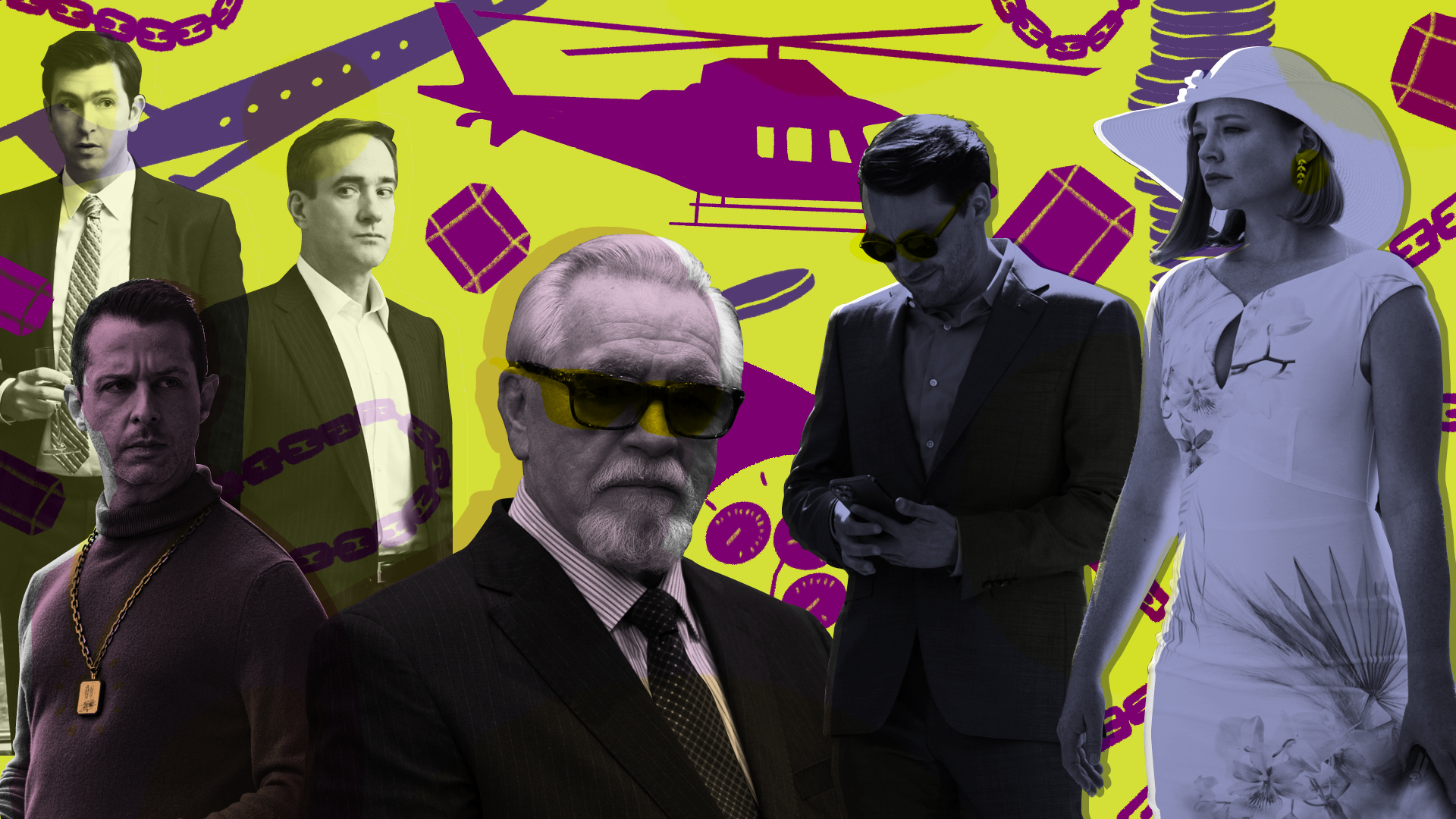 Photo collage of the actors in the HBO show “Succession” against a backdrop of cartoon symbols of wealth, including a helicopter, a private jet, and diamonds.