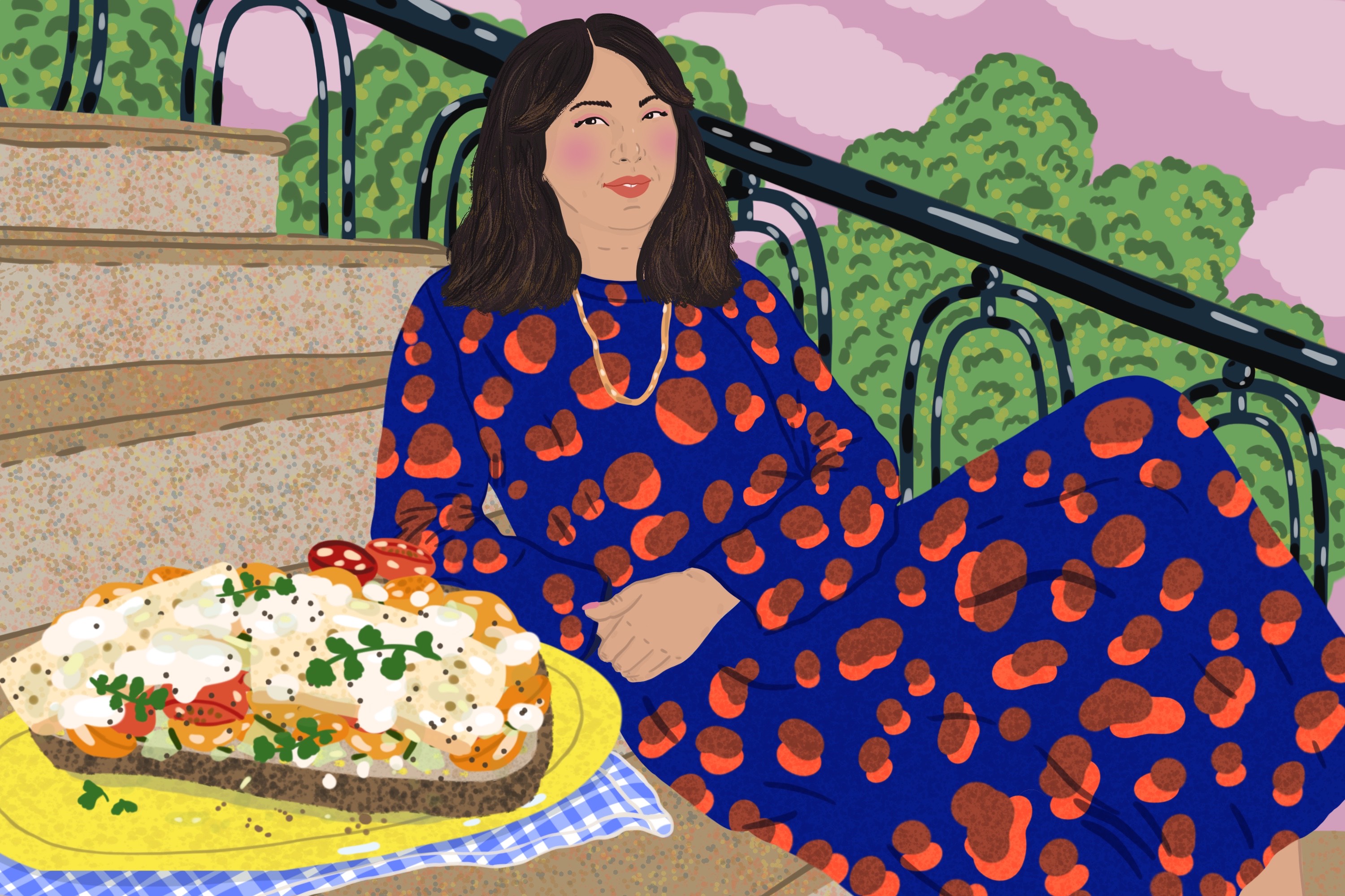 Hetty McKinnon sits on a stoop next to a big plate of cucumber and tomato salad on toast. Illustration.