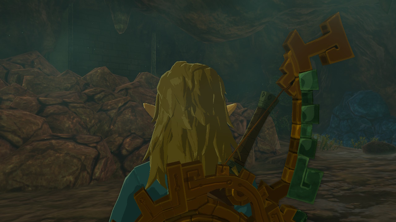 The back of Link’s head in Zelda: Tears of the Kingdom, looking into a cave system
