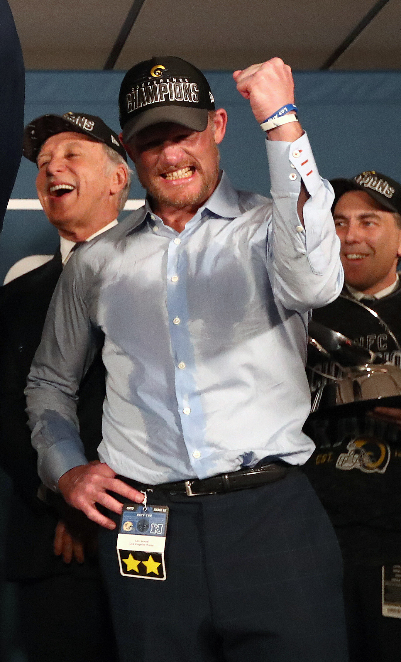 Los Angeles Rams General Manager Les Snead celebrates in the locker room after the Rams’ victory in the NFC Championship, Jan. 20, 2019.