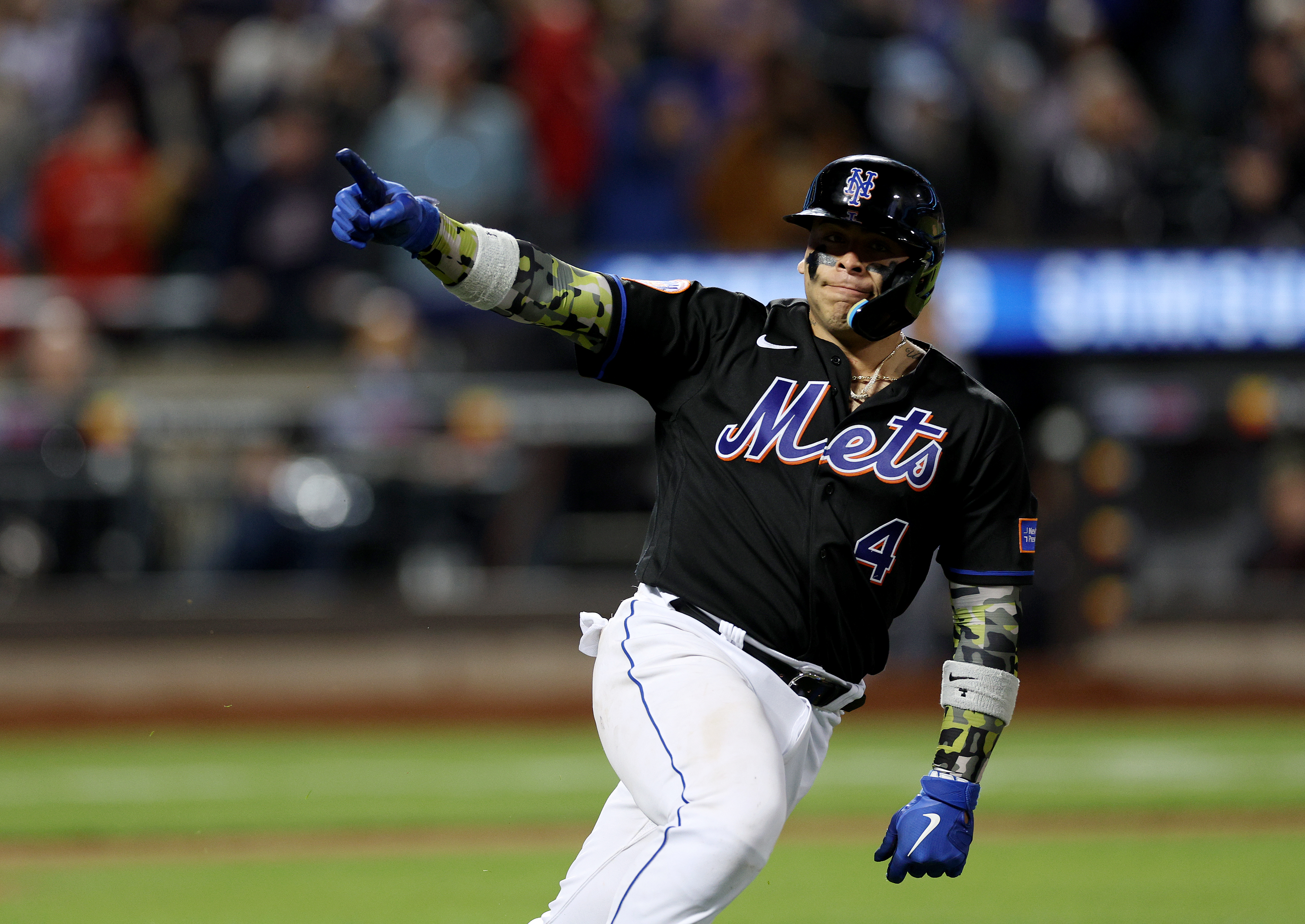 Francisco Alvarez of the New York Mets celebrates his single in the 10th inning against the Cleveland Guardians at Citi Field on May 19, 2023 in the Flushing neighborhood of the Queens borough of New York City.
