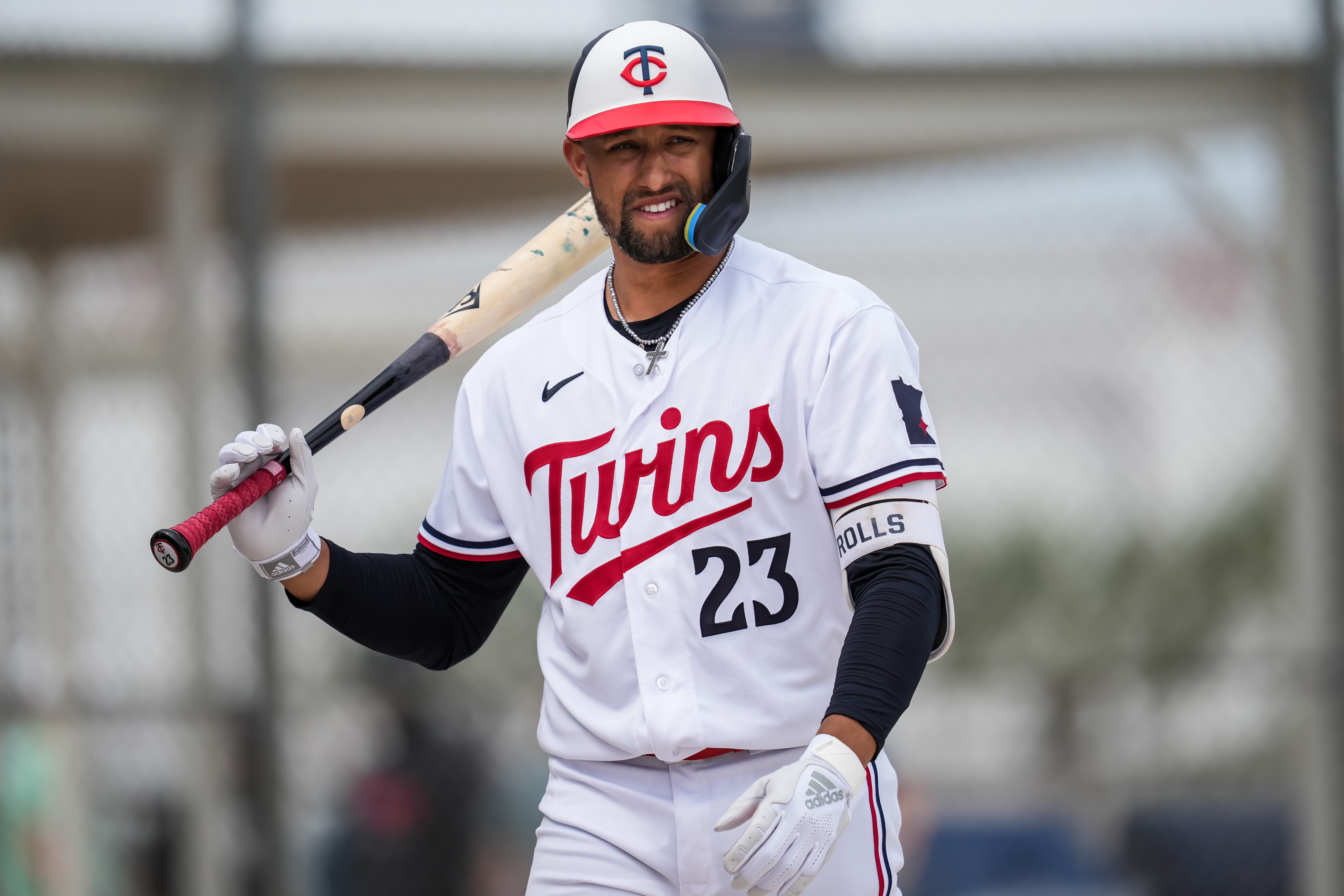 Royce Lewis of the Minnesota Twins looks on prior to a spring training game against the Atlanta Braves on March 19, 2023 at Hammond Stadium in Fort Myers, Florida.