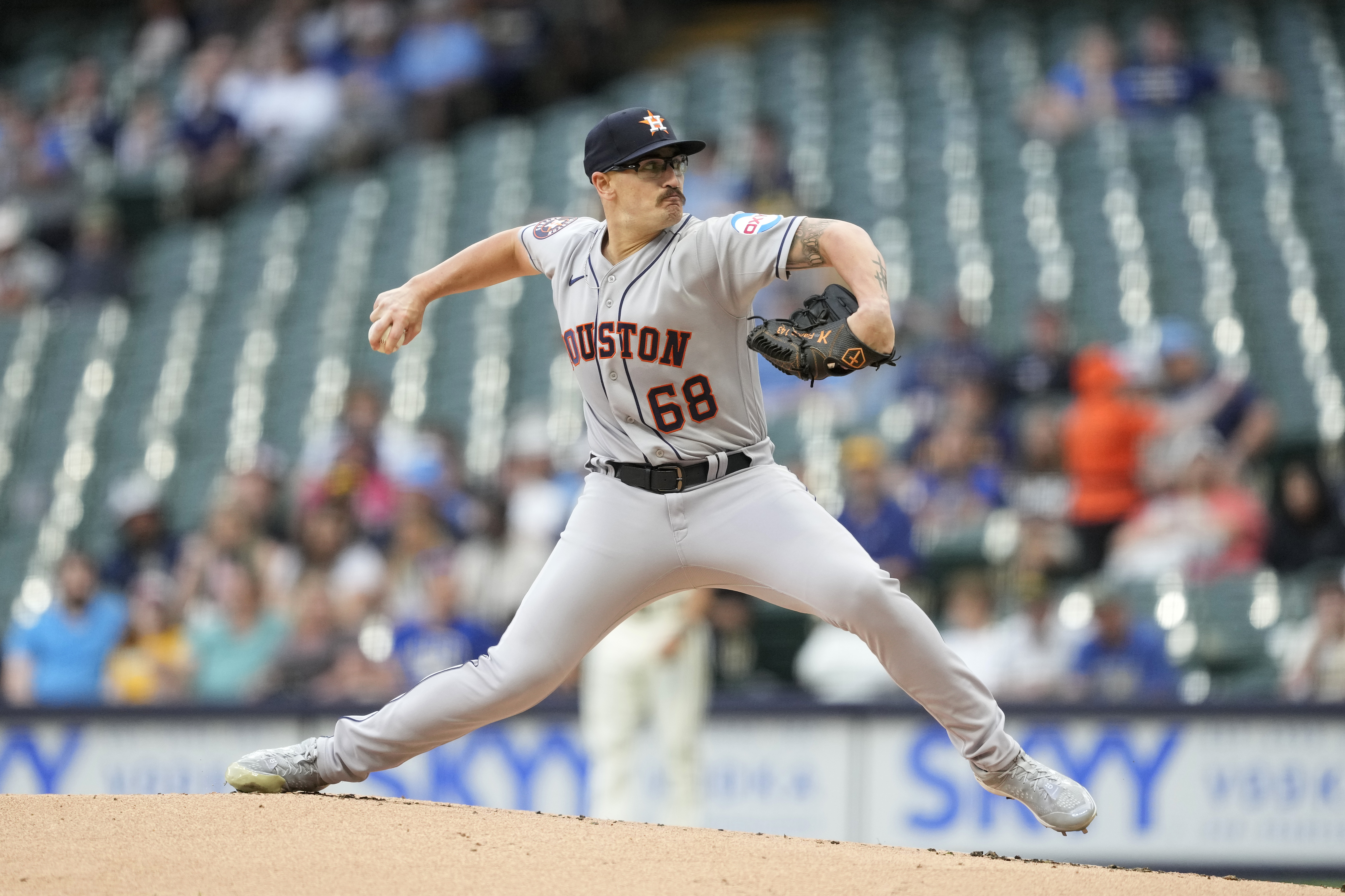 J.P. France #68 of the Houston Astros pitches against the Milwaukee Brewers in the first inning at American Family Field on May 23, 2023 in Milwaukee, Wisconsin.