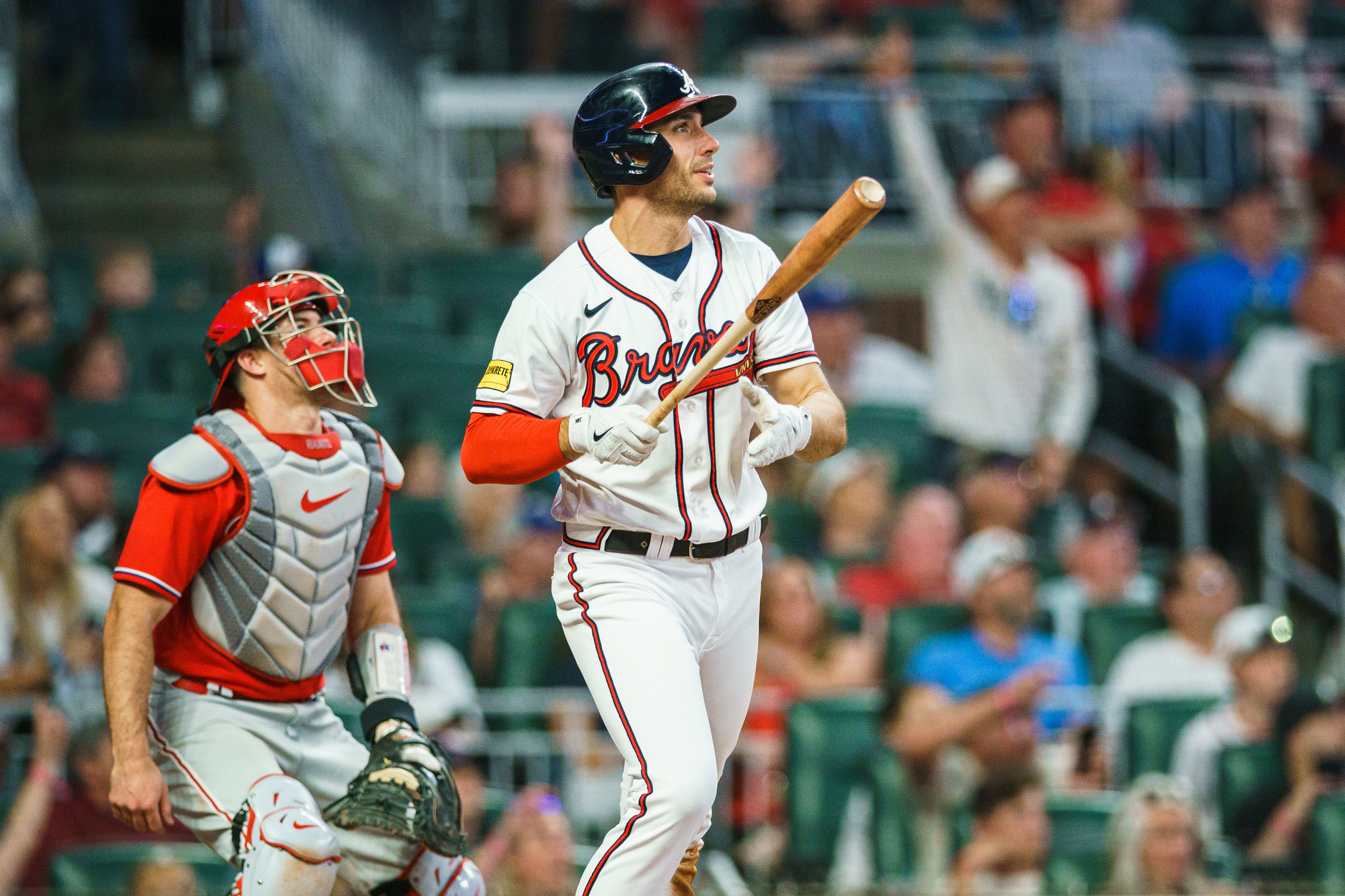 Matt Olson of the Atlanta Braves hits a home run during the fifth inning during the game against the Philadelphia Phillies at Truist Park on May 28, 2023 in Atlanta, Georgia.