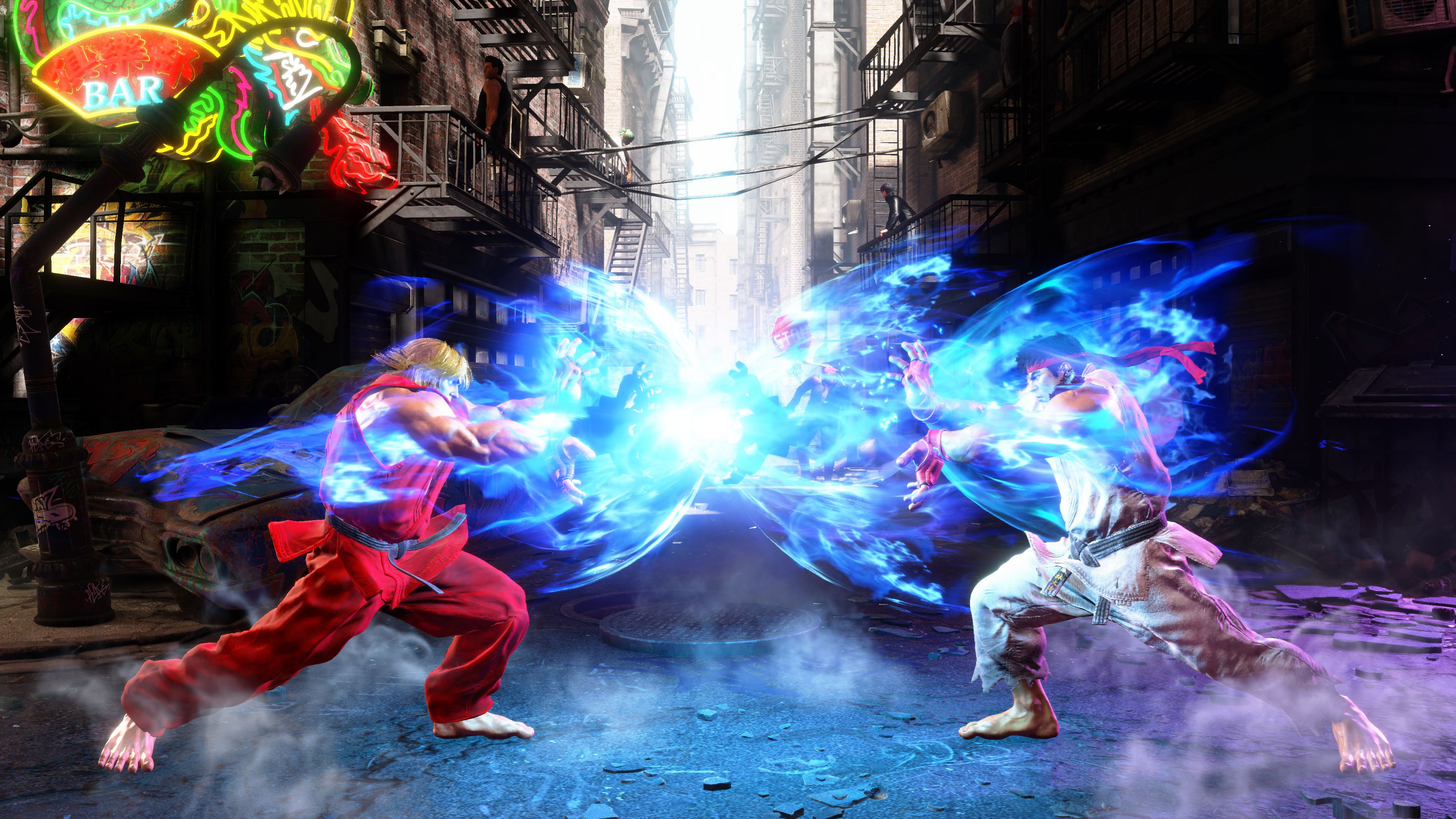 Ken and Ryu in their classic gi costumes throw a hadouken fireball at each other in a screenshot from Street Fighter 6