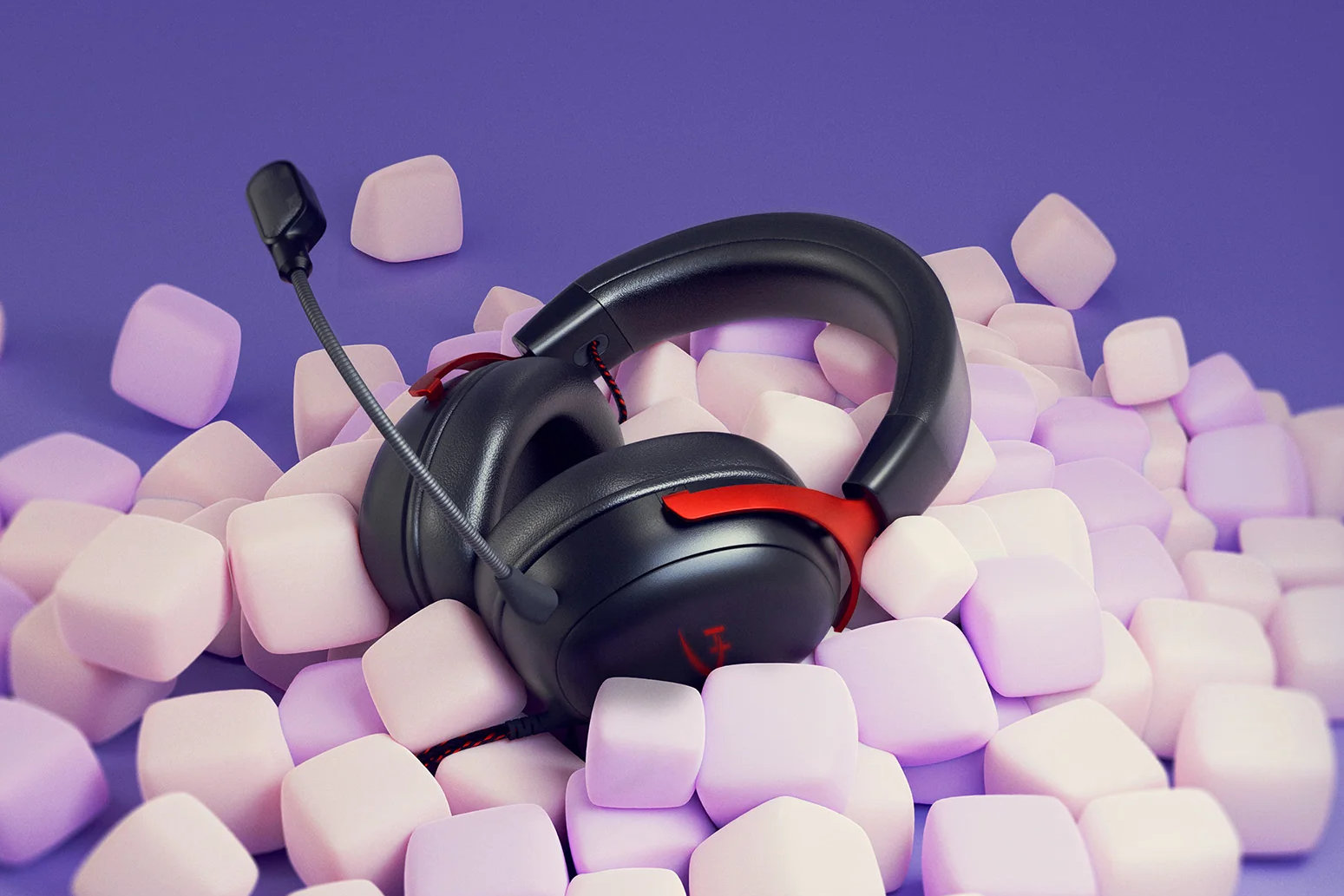 The HyperX Cloud III wired gaming headset sits on top of some purple and pink squares on a purple background.