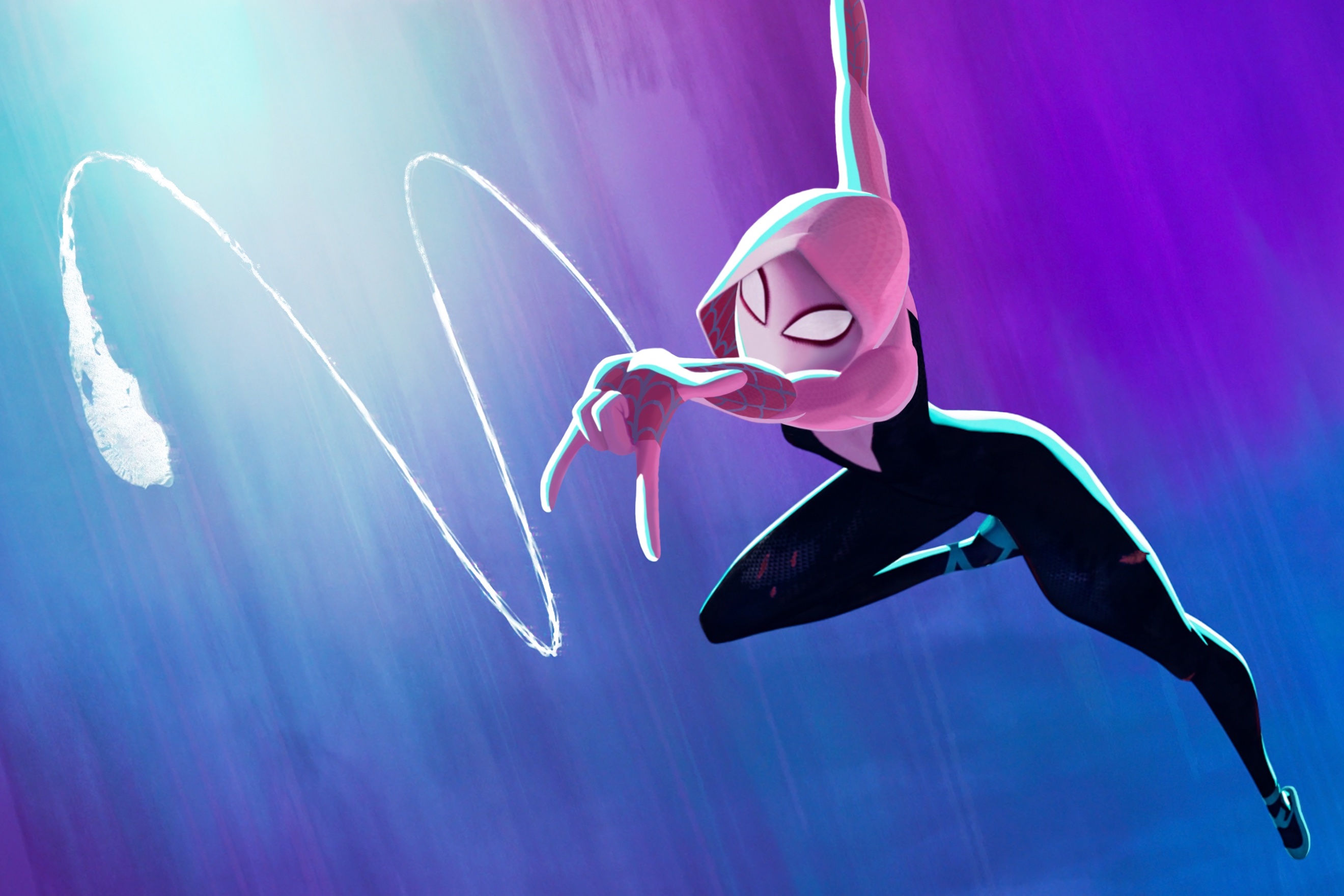 Gwen Stacy (Hailee Steinfeld) swings and shoots a web over a background of mixed colors Spider-Man: Across the Spider-Verse.