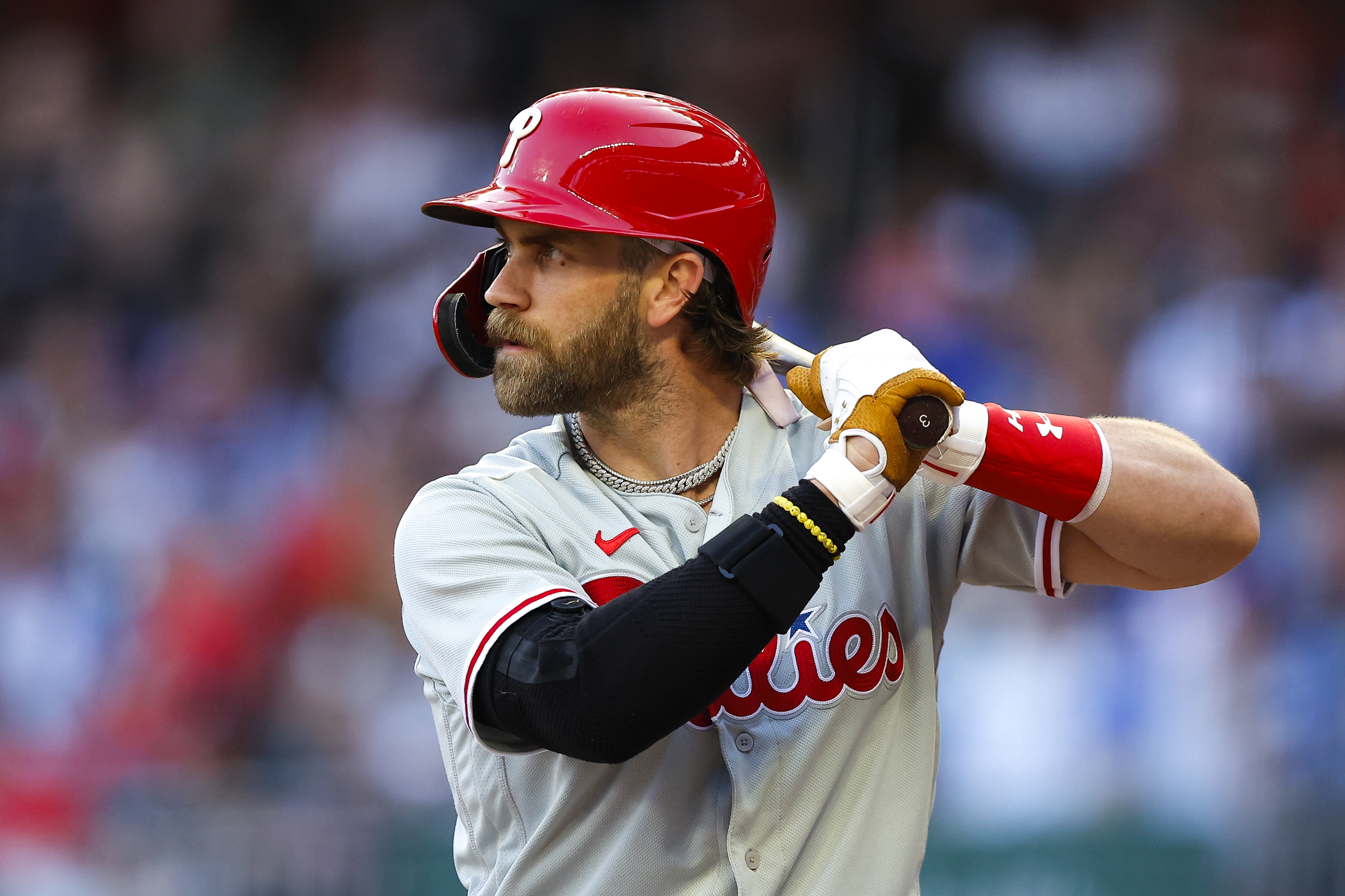 Bryce Harper of the Philadelphia Phillies bats during the third inning against the Atlanta Braves at Truist Park on May 26, 2023 in Atlanta, Georgia.