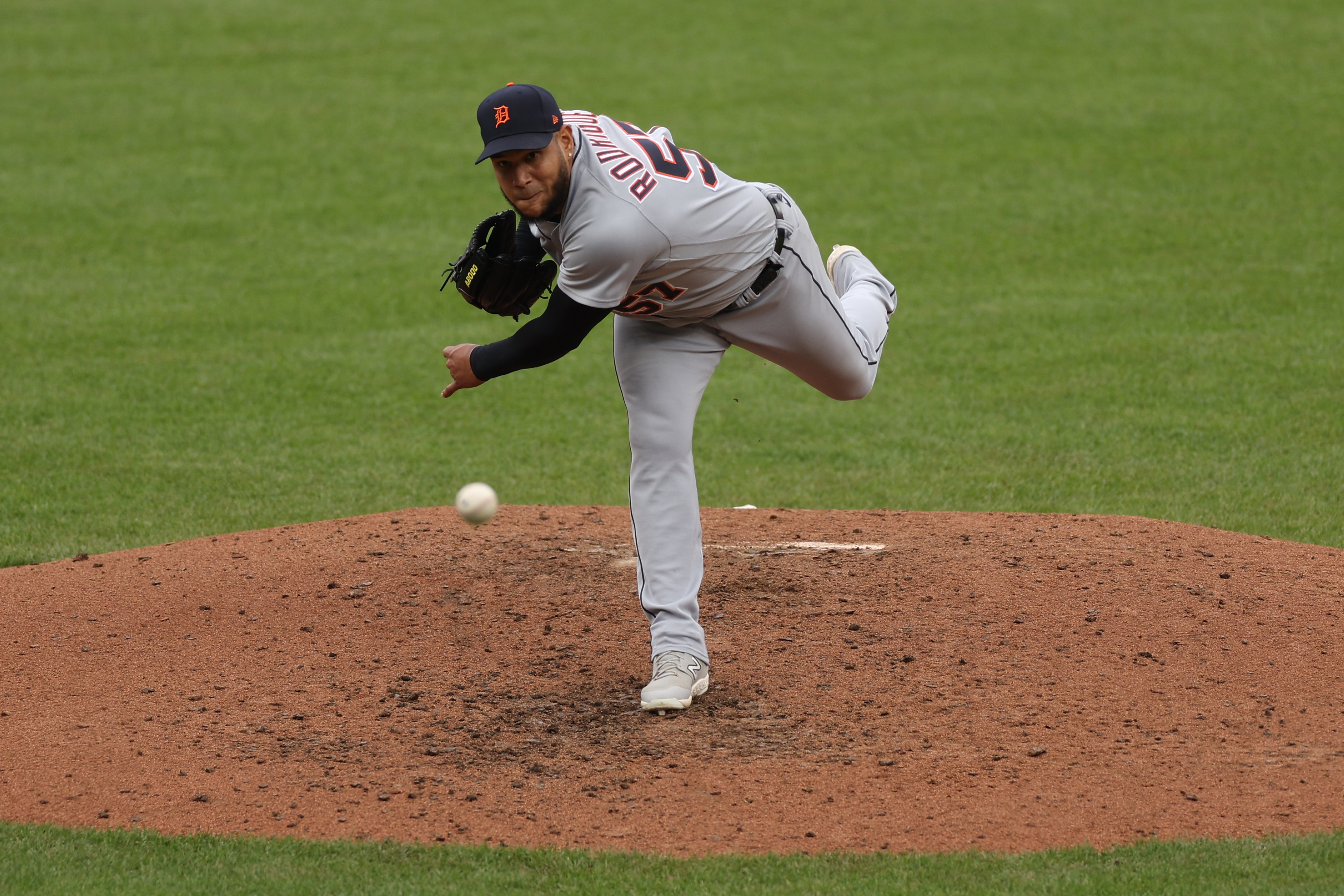 Eduardo Rodriguez #57 of the Detroit Tigers pitches against the Baltimore Orioles at Oriole Park at Camden Yards on April 23, 2023 in Baltimore, Maryland.