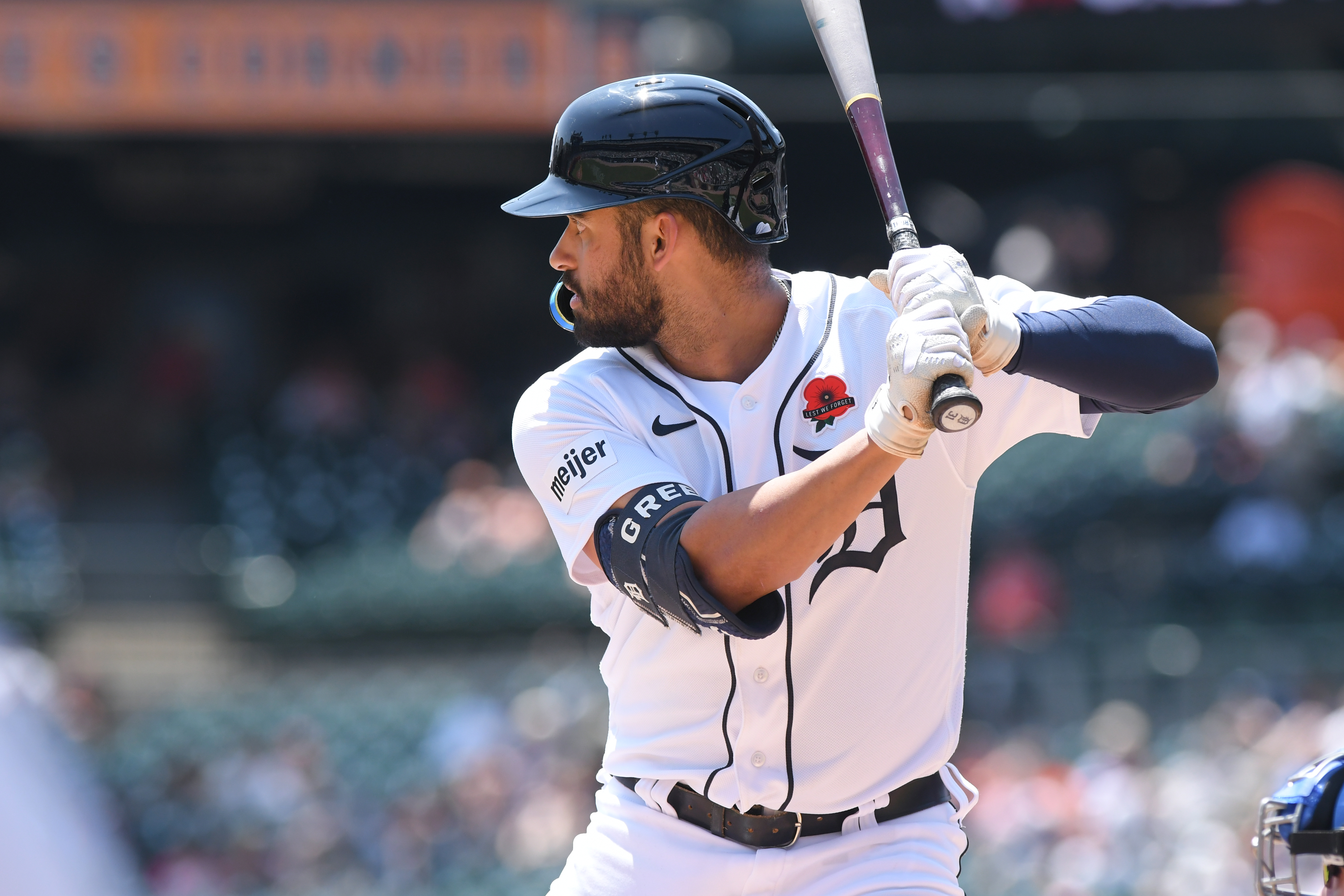 Riley Greene of the Detroit Tigers bats during the game against the Texas Rangers at Comerica Park on May 29, 2023 in Detroit, Michigan. The Rangers defeated the Tigers 5-0.