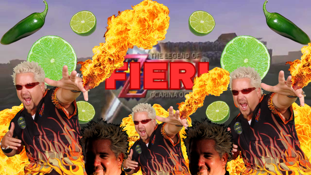 A repeating series of images of Guy Fieri line the bottom of the image, some shooting flames from their hands. Behind them are more flames, many limes, and jalapenos. All of these things are overlaid on a title screen for The Legend of Zelda: Ocarina of Time. The word FIERI has been written over the word ZELDA in bold red text.