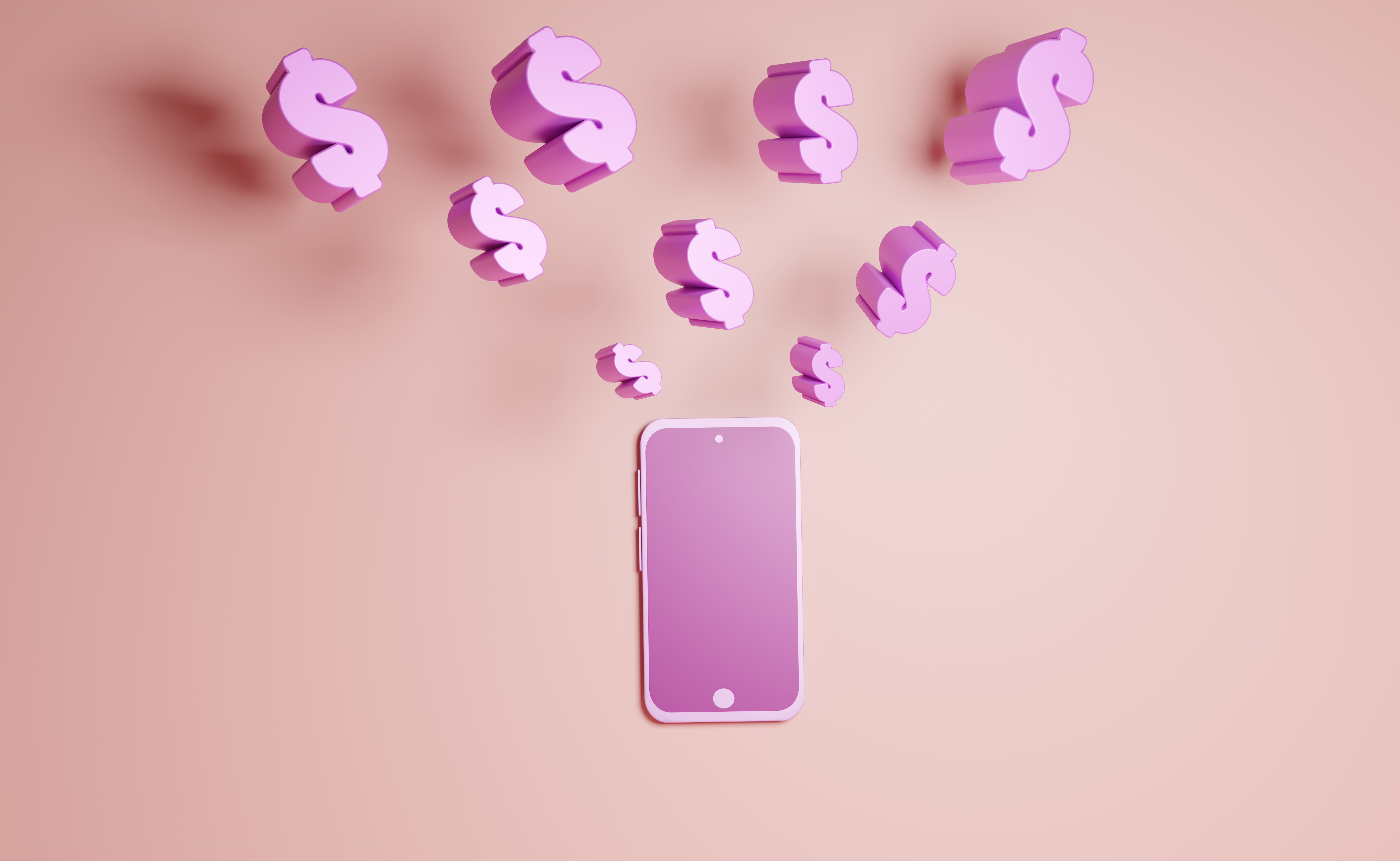 A pink phone with pink dollar signs floating up from it.