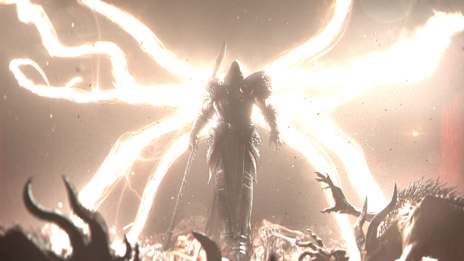 A faceless armored angel with glowing, tendril-like wings blinds a group of demons below it in artwork from Diablo 4