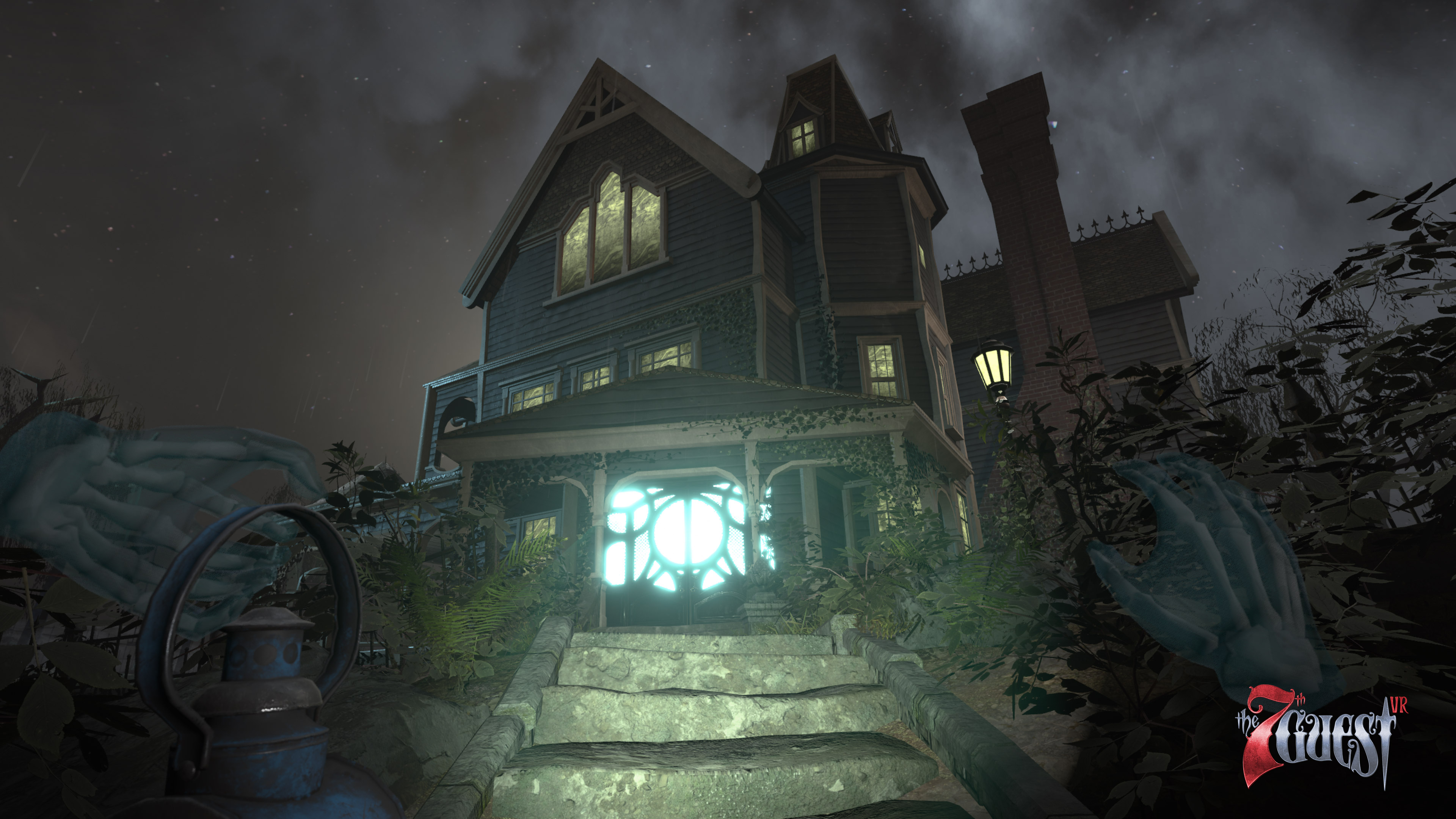 An exterior shot of the mansion from The 7th Guest VR. The front entrance has an eerie glow in this moonlit night time scene.