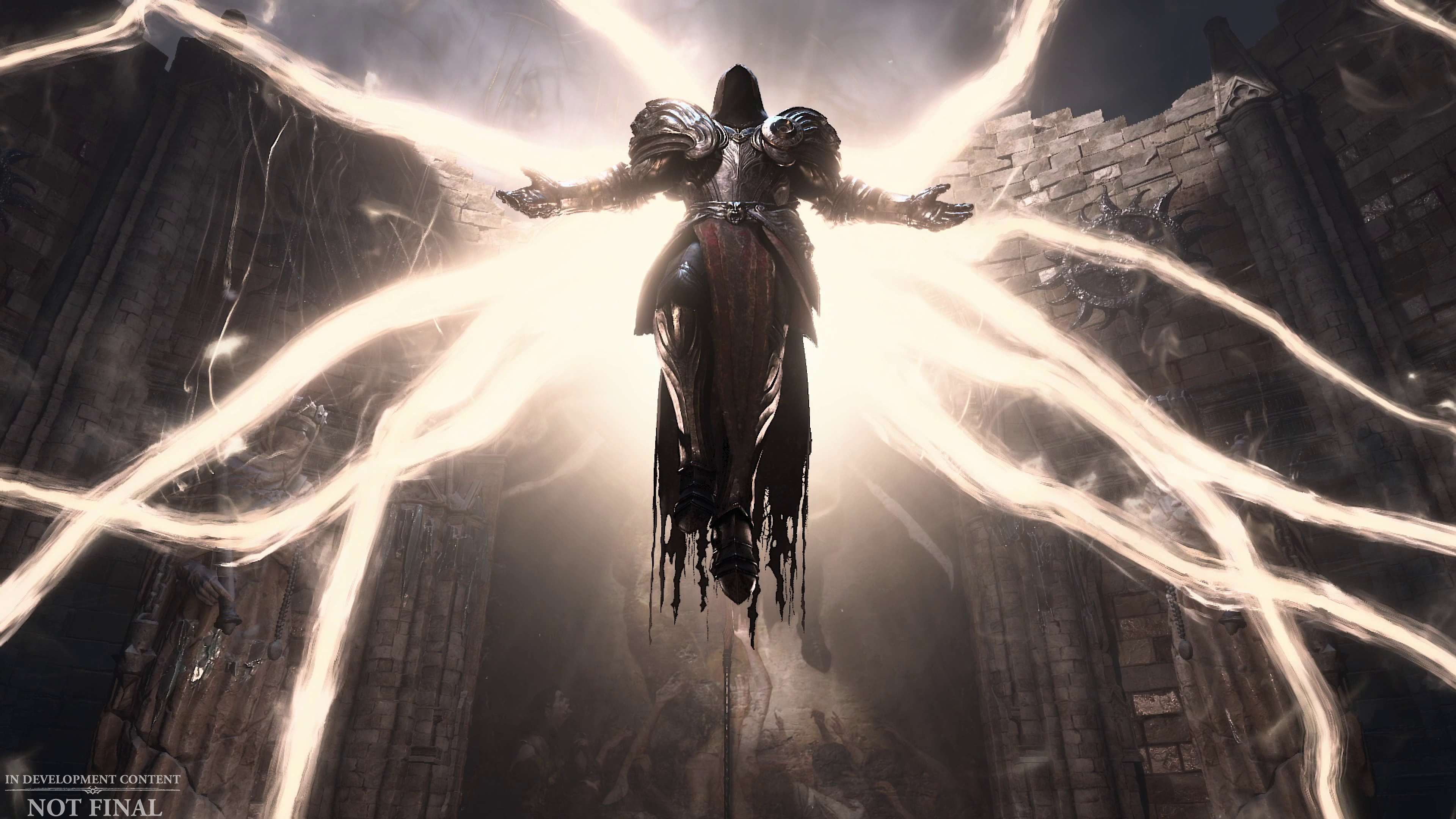 Inarius, an angel with golden wings of light, descends from the sky to speak in Diablo 4