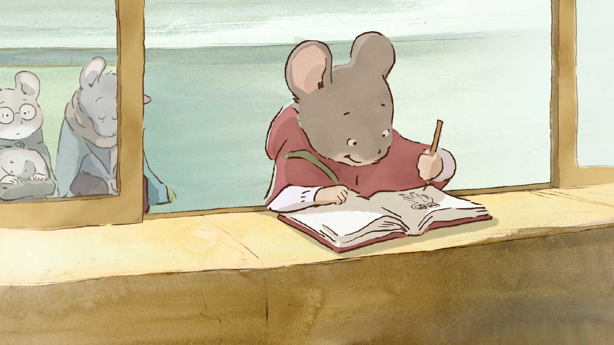 A smiling animated mouse in a red cloak happily draws in a sketchbook balanced on the sill of an open window while other, older mice doze in chairs behind her in Ernest &amp; Celestine