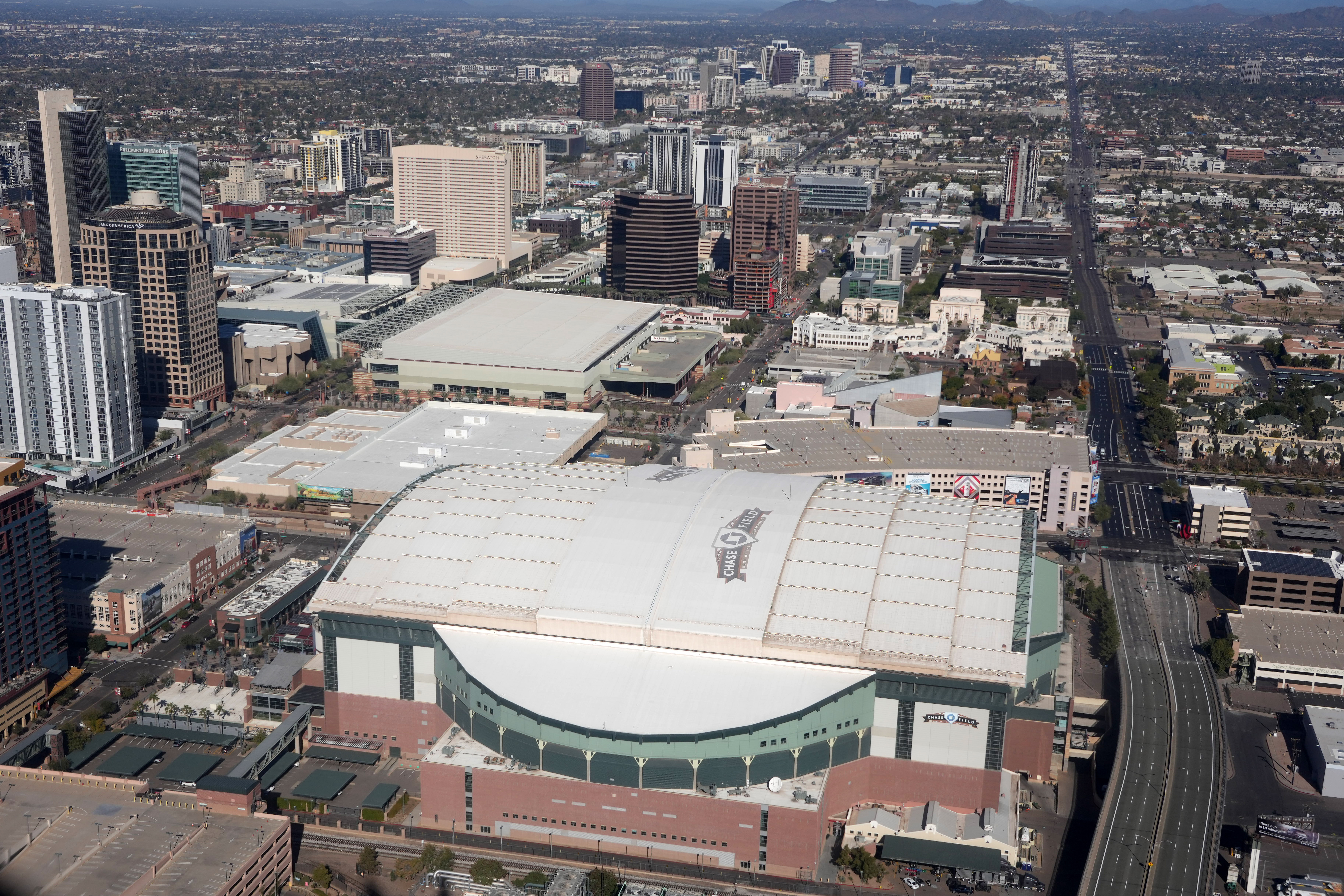 An aerial view of Chase Field with the roof closed