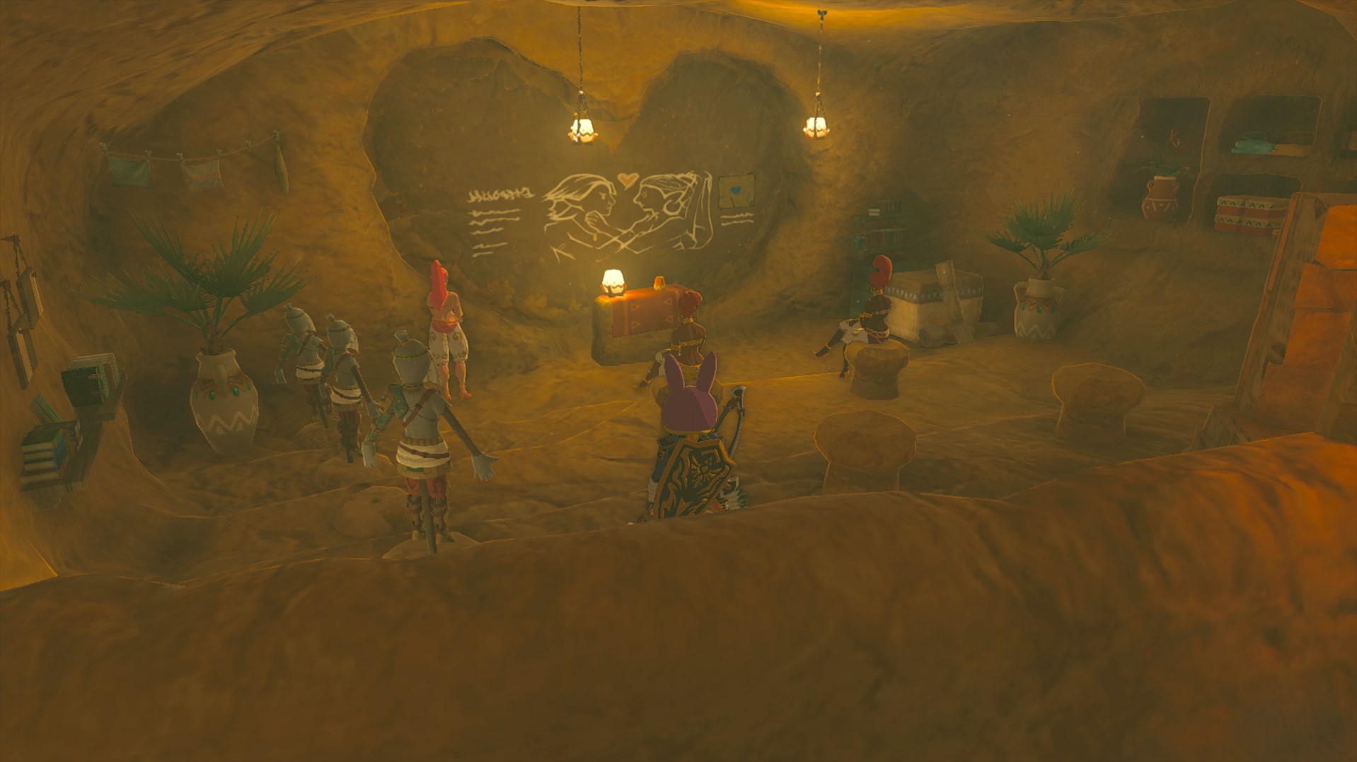 Link stands behind a bunch of women in an underground cave bunker learning about men and love in Tears of the Kingdom