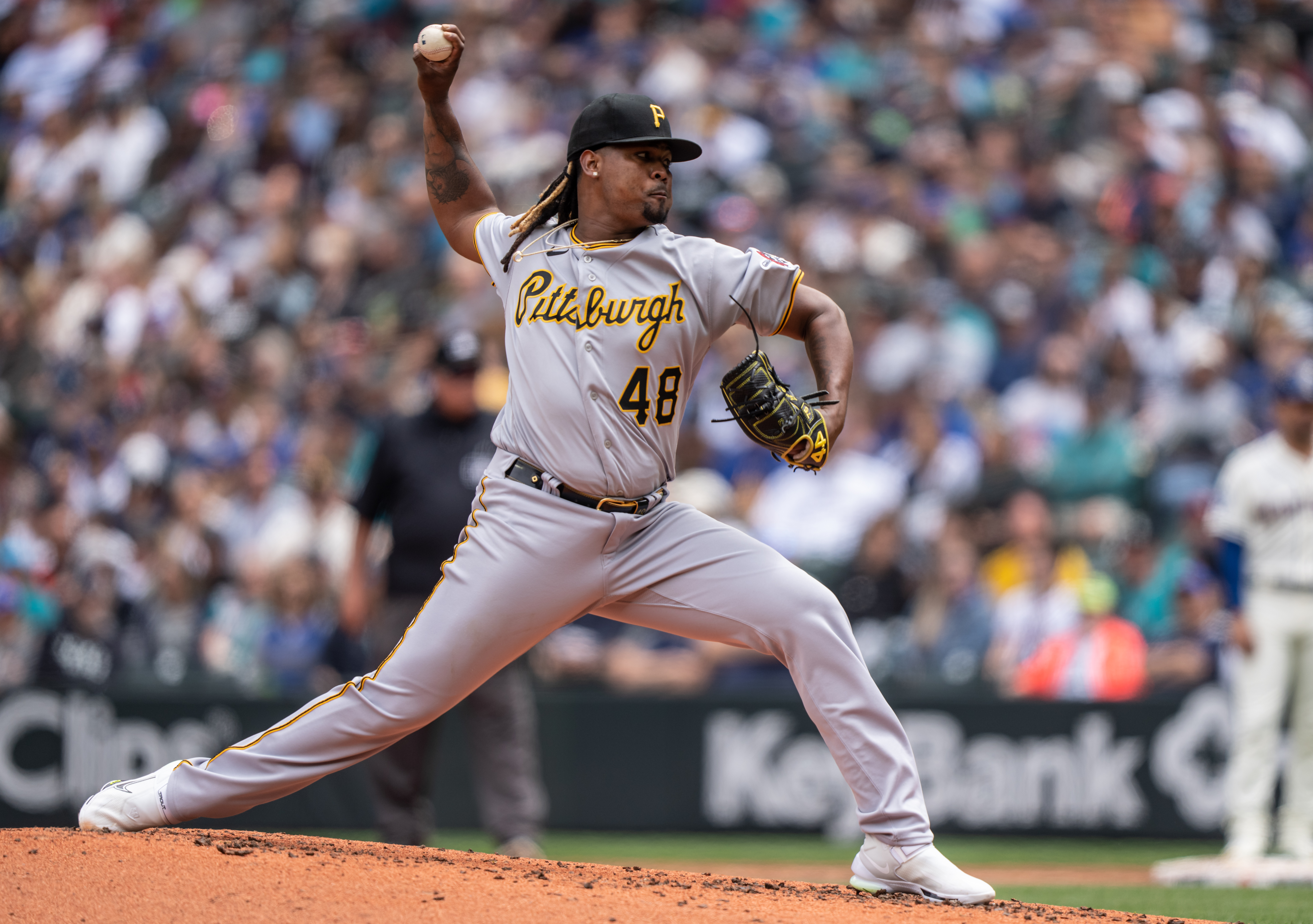 Starter Luis L. Ortiz #48 of the Pittsburgh Pirates pitches during the second inning of a game against the Seattle Mariners at T-Mobile Park on May 28, 2023 in Seattle, Washington.