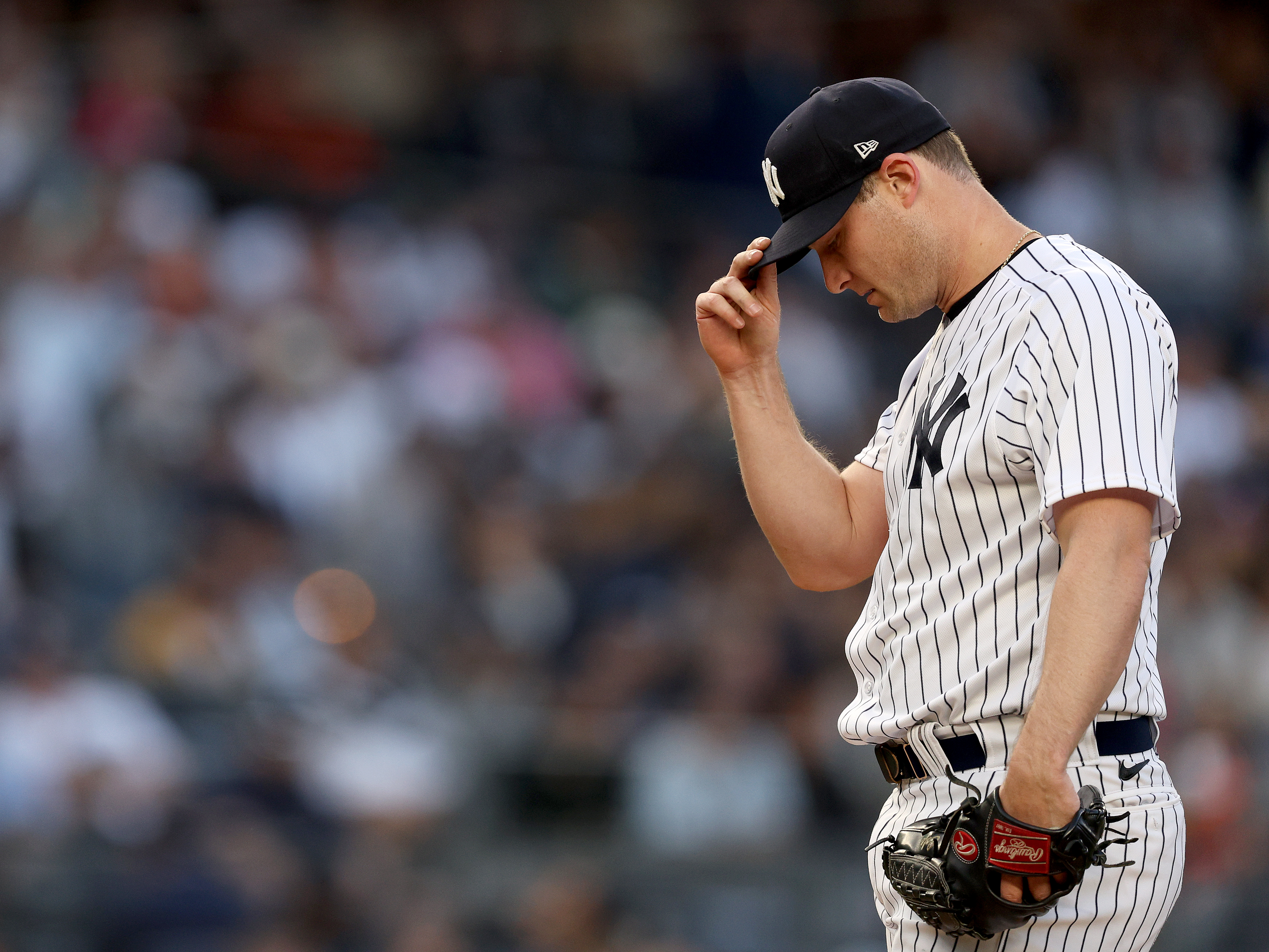 Gerrit Cole of the New York Yankees reacts in the second inning against the Baltimore Orioles at Yankee Stadium on May 23, 2023 in Bronx borough of New York City.