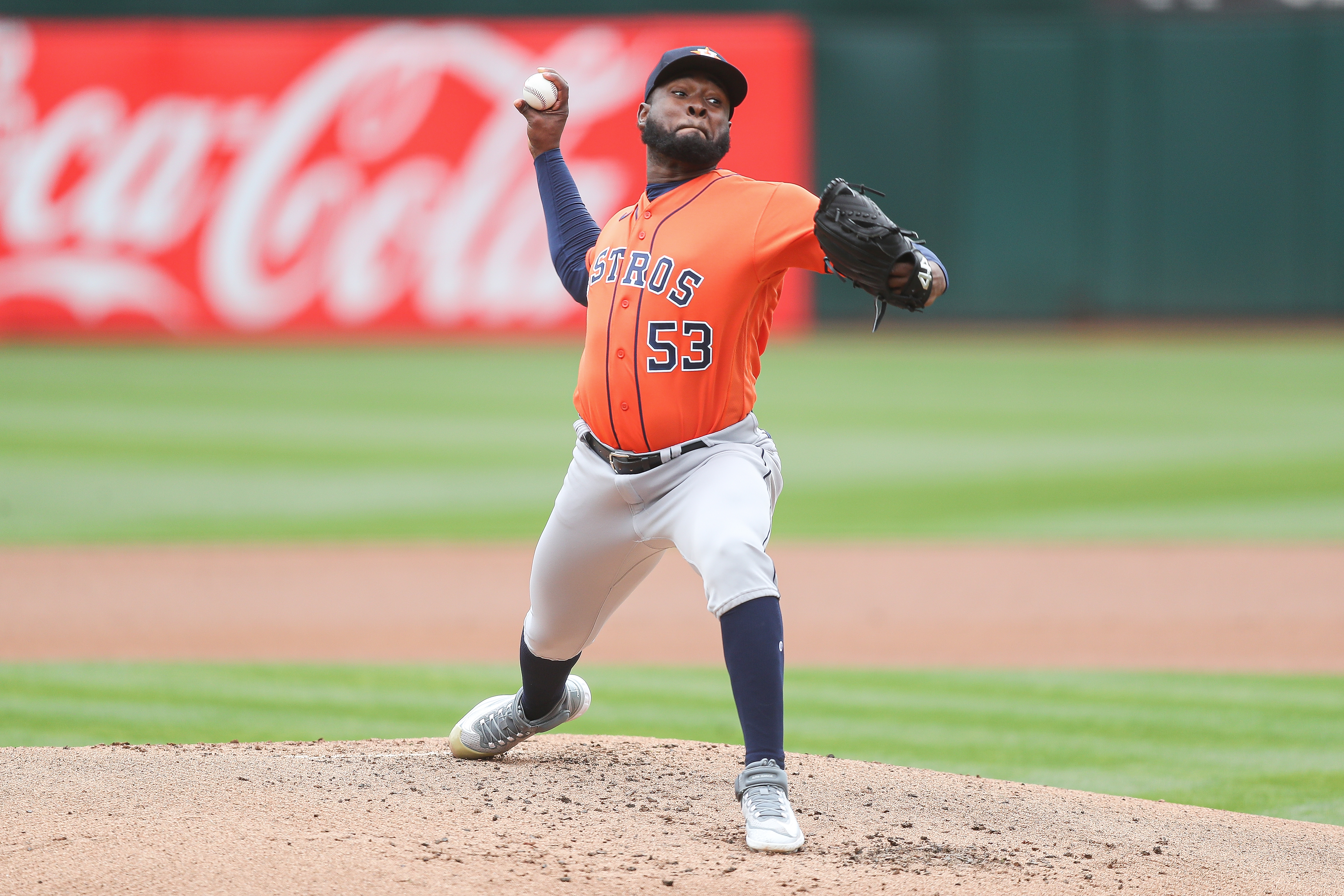 Cristian Javier #53 of the Houston Astros pitches in the first inning against the Oakland Athletics at RingCentral Coliseum on May 28, 2023 in Oakland, California.