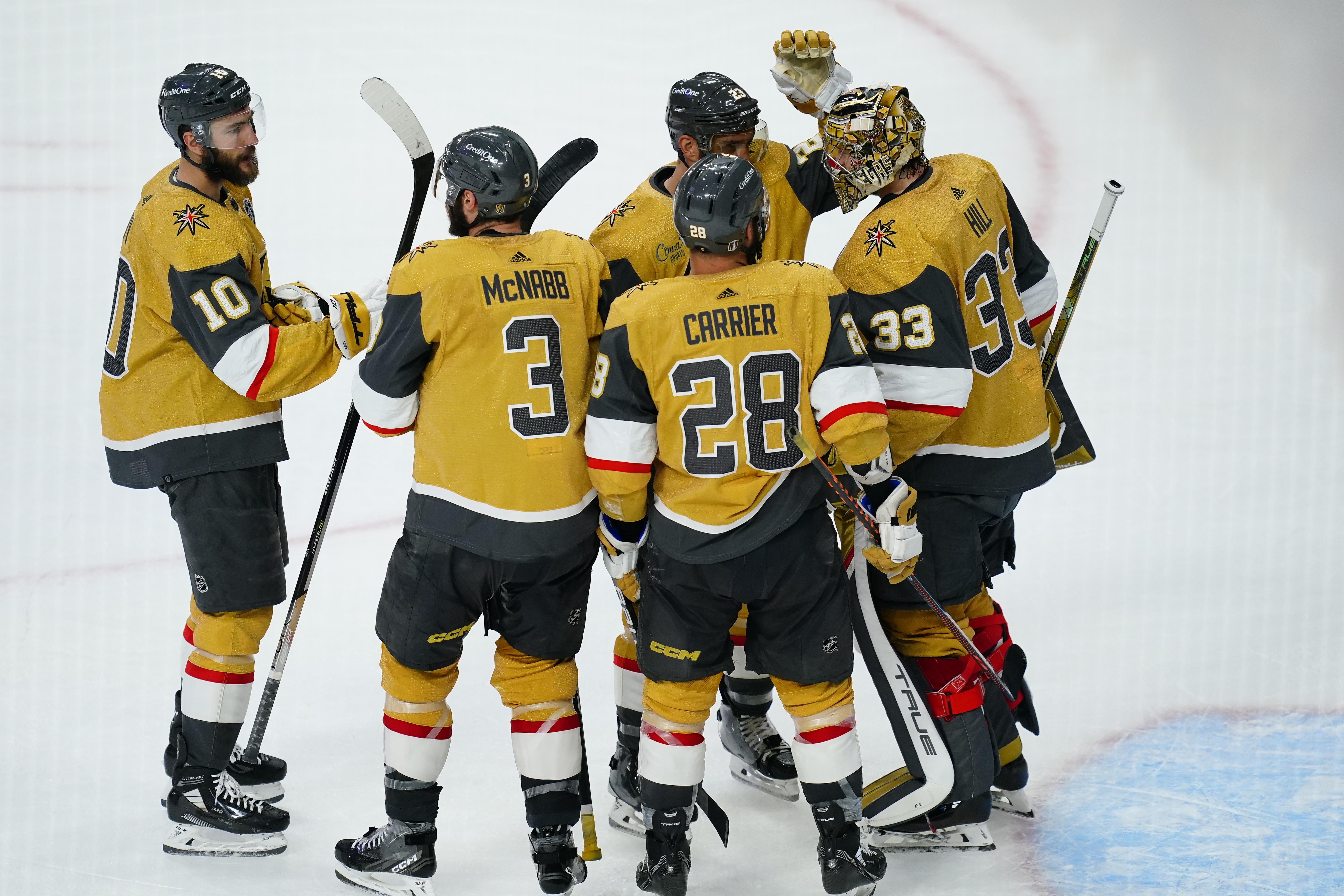 Vegas Golden Knights goaltender Adin Hill (33) is congratulated by teammates after defeating the Florida Panthers in game one of the 2023 Stanley Cup Final at T-Mobile Arena.&nbsp;
