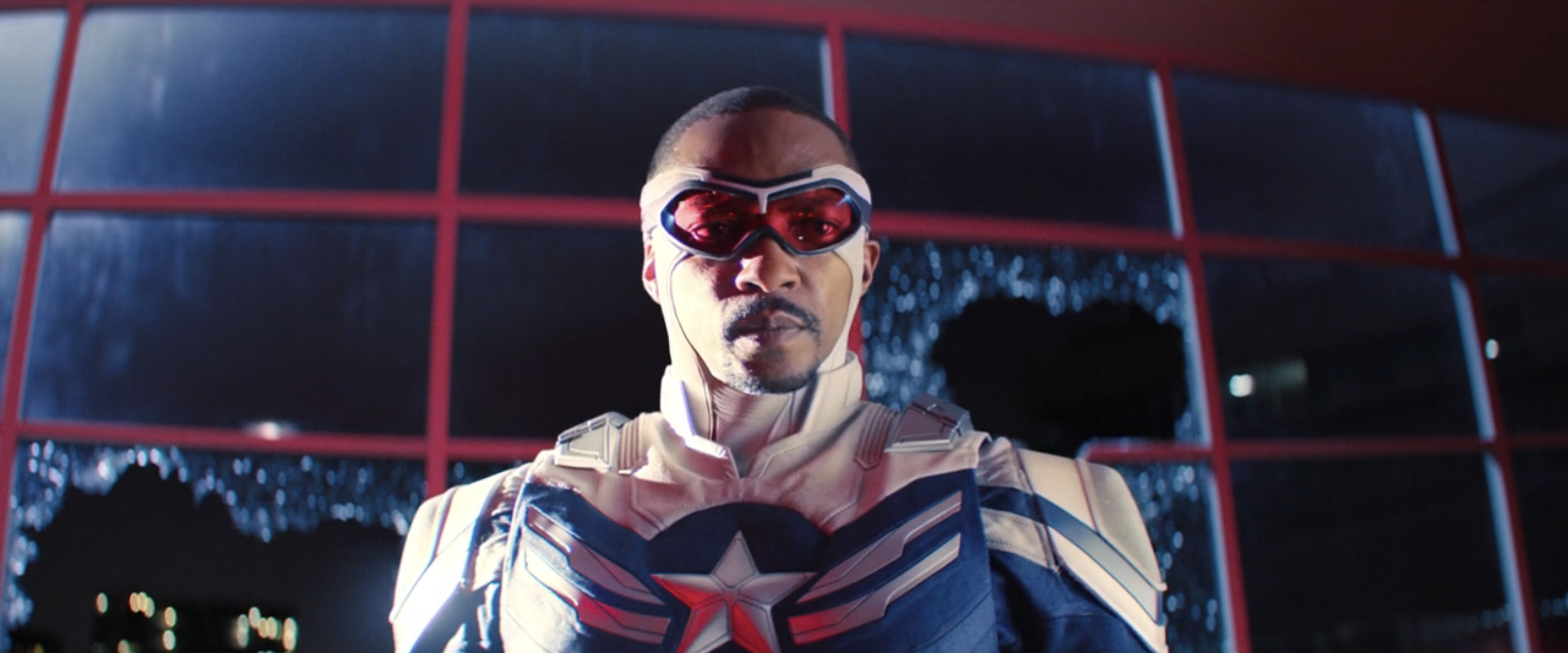 Anthony Mackie as Captain America, with his suit in the colors of the American flag, in The Falcon and the Winter Soldier.