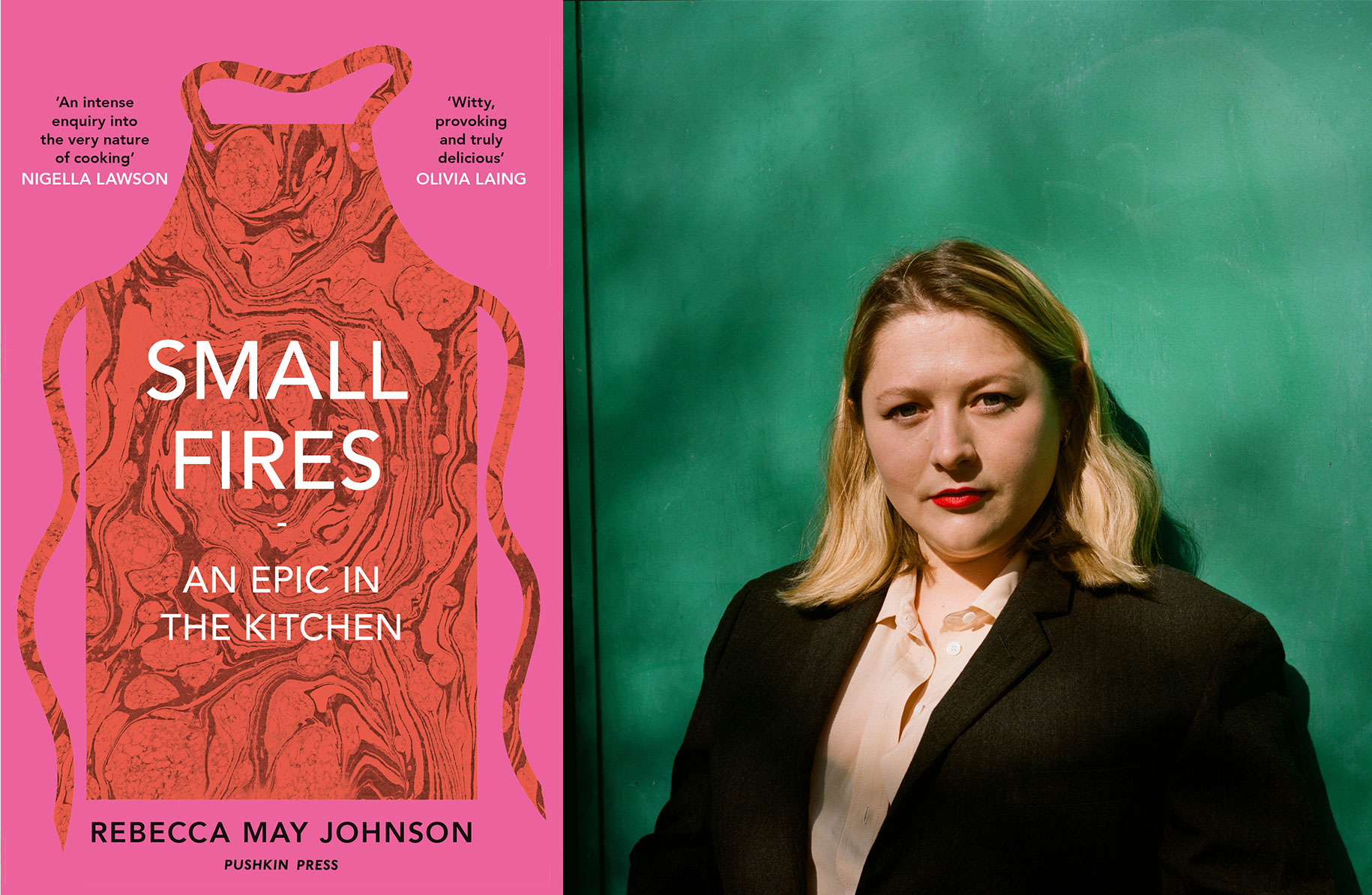 A split screen of the cover of the book “Small Fires” and a headshot of Rebecca May Johnson in which she looks at the camera against a green backdrop.