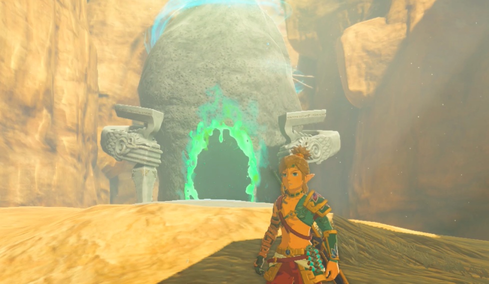 Link stands in front of the Rakakudaj Shrine location in Zelda: Tears of the Kingdom
