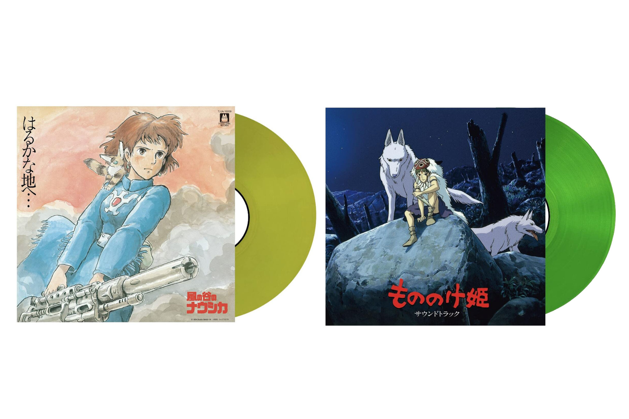 An image of two LP covers for Studio Ghibli Records, with Nausicaa Of The Valley Of Wind on the left and Princess Mononoke on the right. Both LP covers feature illustrations of the movies’ titular heroines