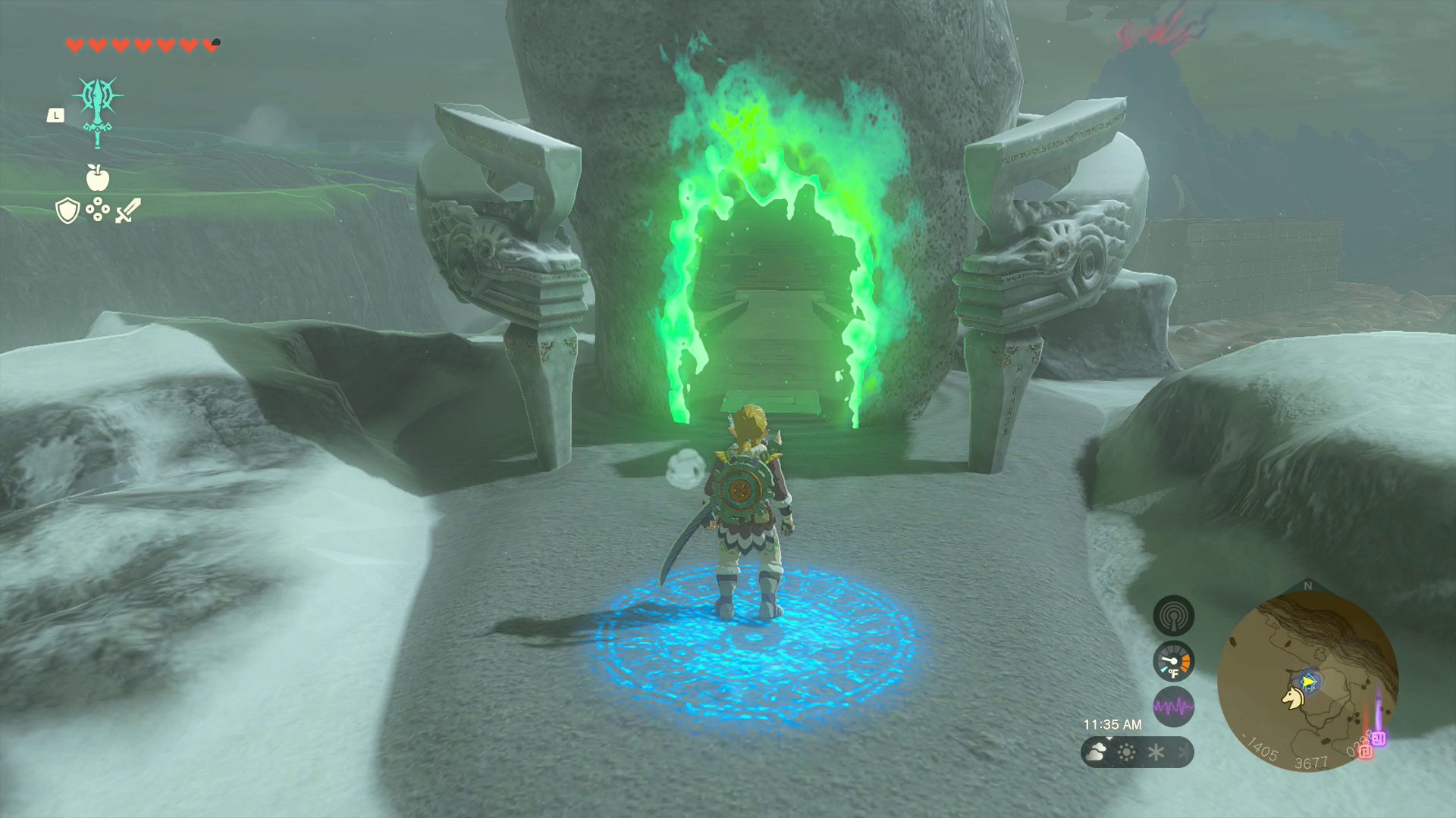 Link stands in front of Oshozan-u Shrine, his breath freezing in the cold air of the Hebra Mountains in Zelda: Tears of the Kingdom
