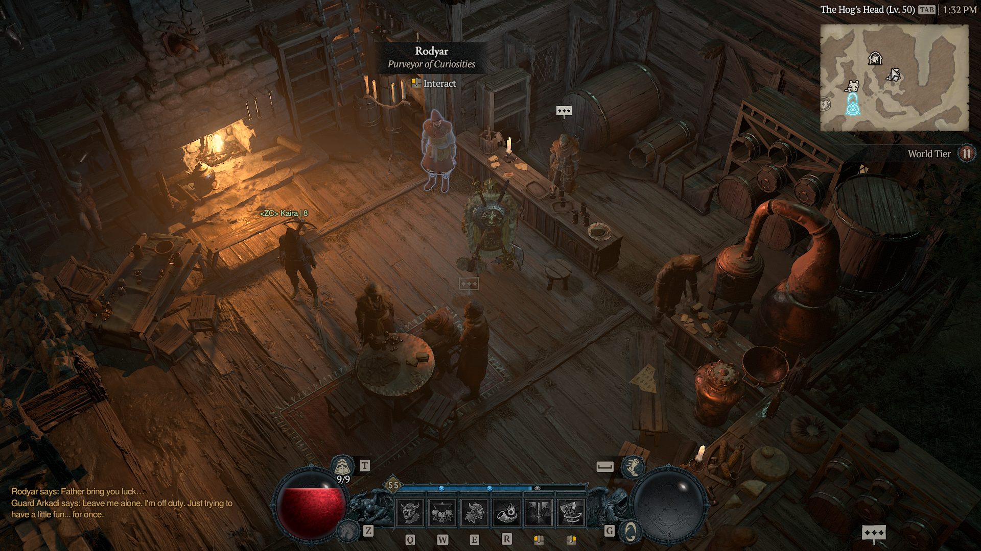 A Barbarian talks to a Purveyor of Curiosity in a Diablo 4 tavern