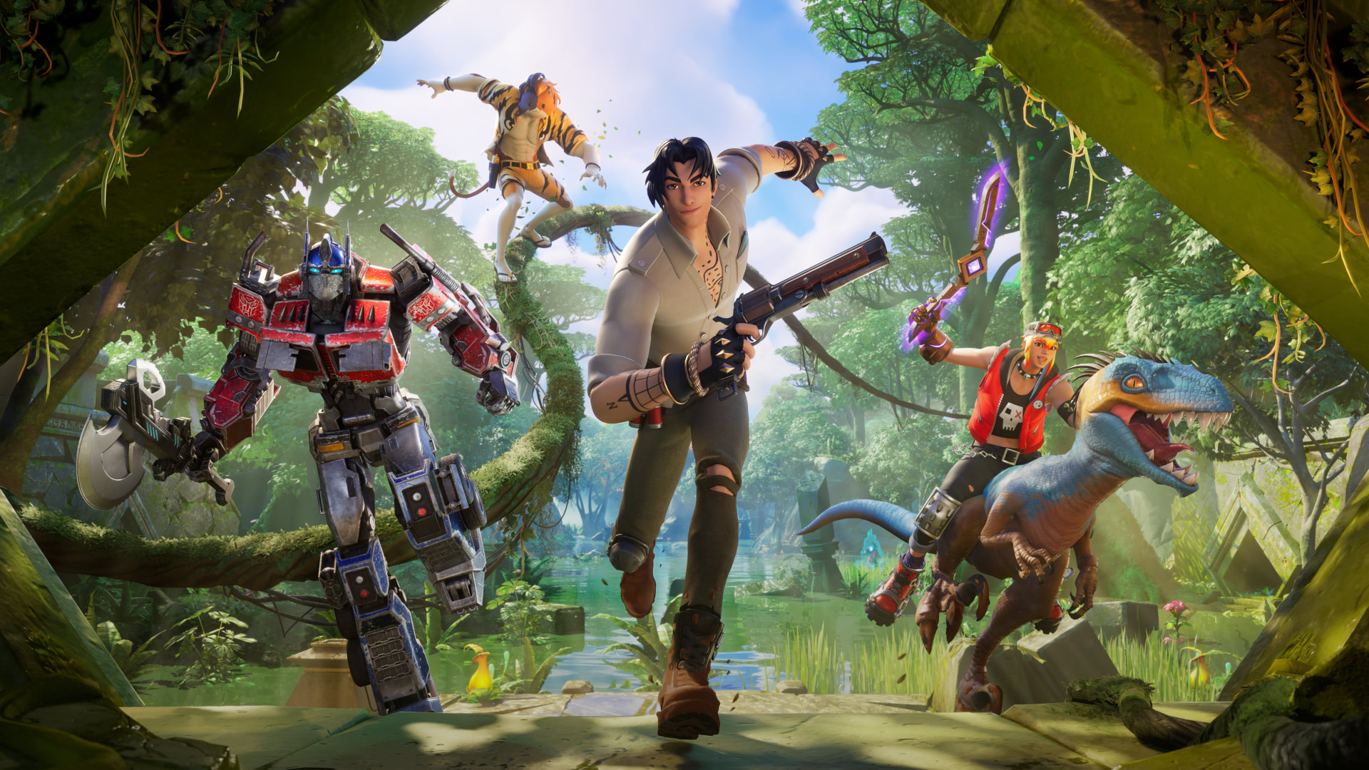 Several Fortnite characters run toward the screen, one has a pistol in his hands, the other is riding a raptor, the other is Optimus Prime.