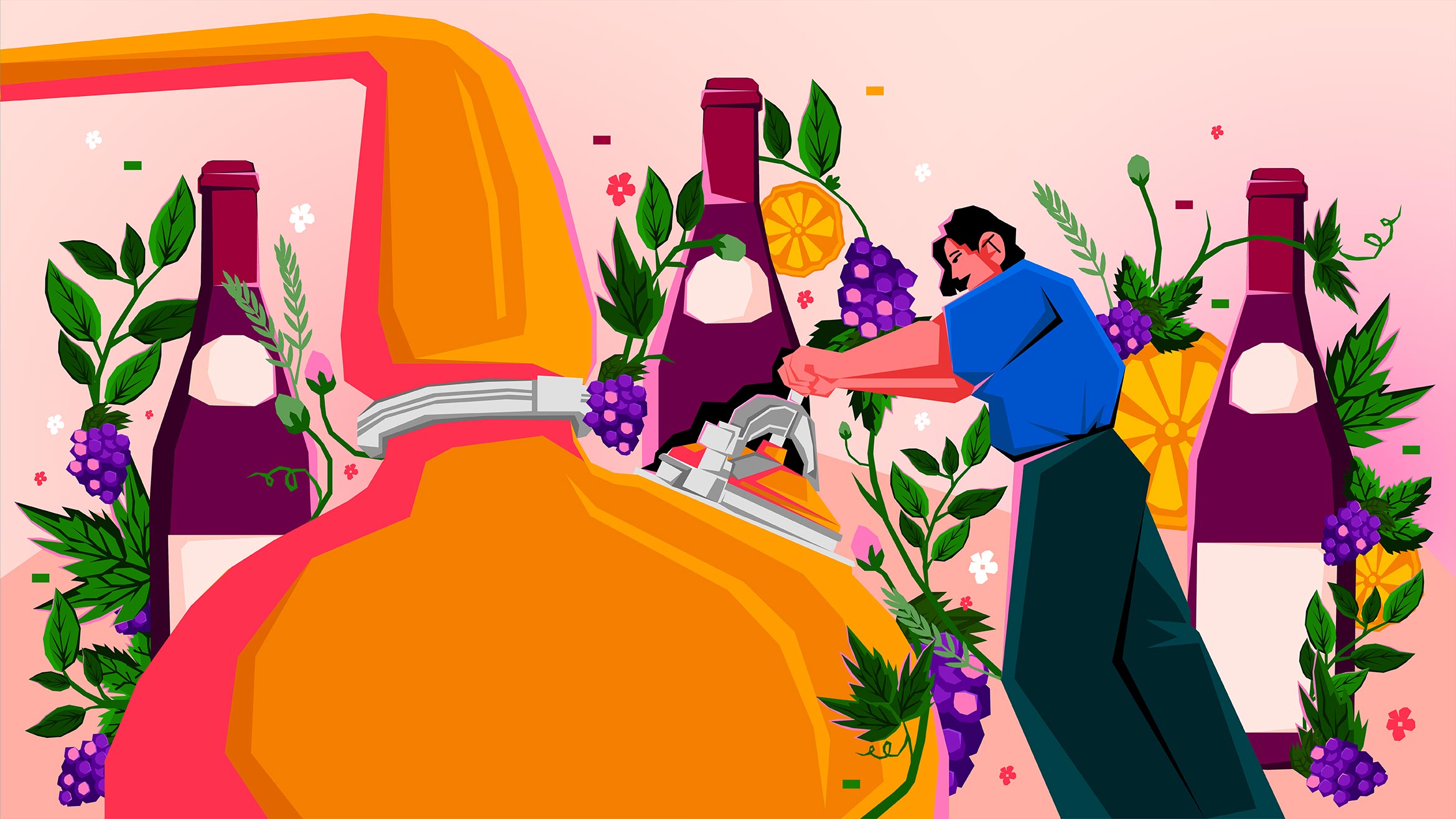 An illustration of a person turning a crank while making wine. Behind them are large bottles of wine and grapes and slices of citrus fruit. 