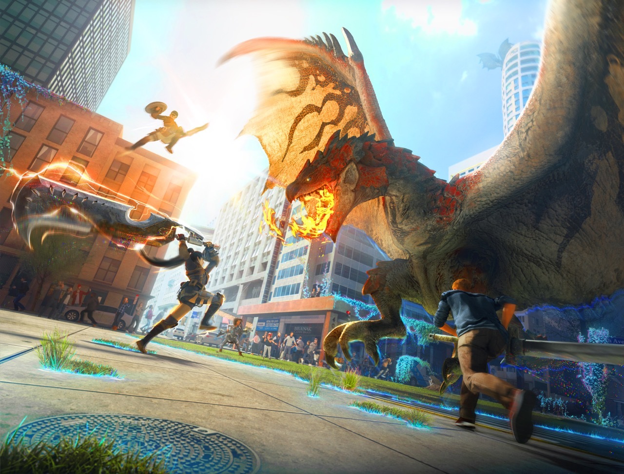 A piece of key art shows four players attacking a fire-breathing monster