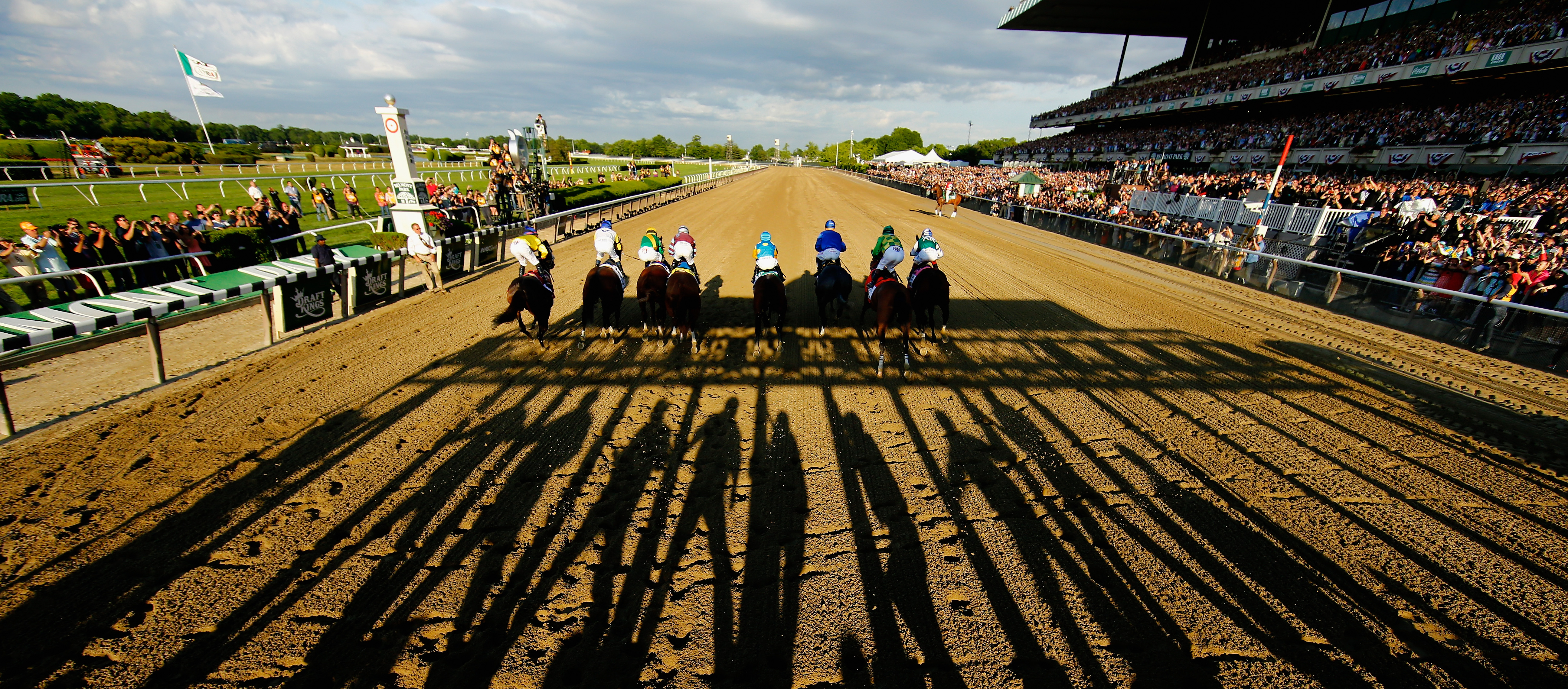 The field leaves the starting gate at the beginning of the 147th running of the Belmont Stakes at Belmont Park on June 6, 2015 in Elmont, New York.