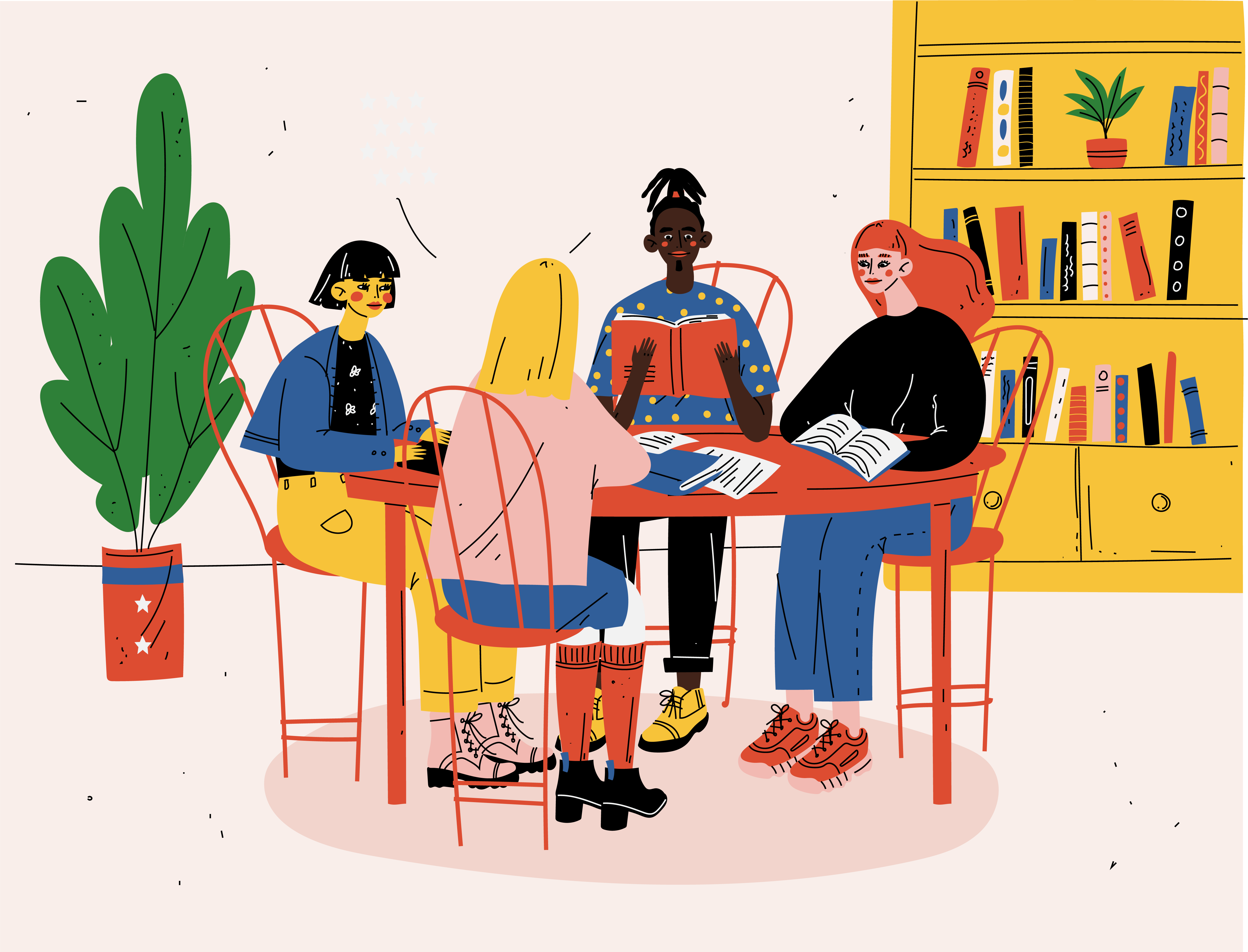 An illustration of a group of young people of diverse identities sitting around a circular table reading books and discussing. A bookshelf and a fig plant are in the background.