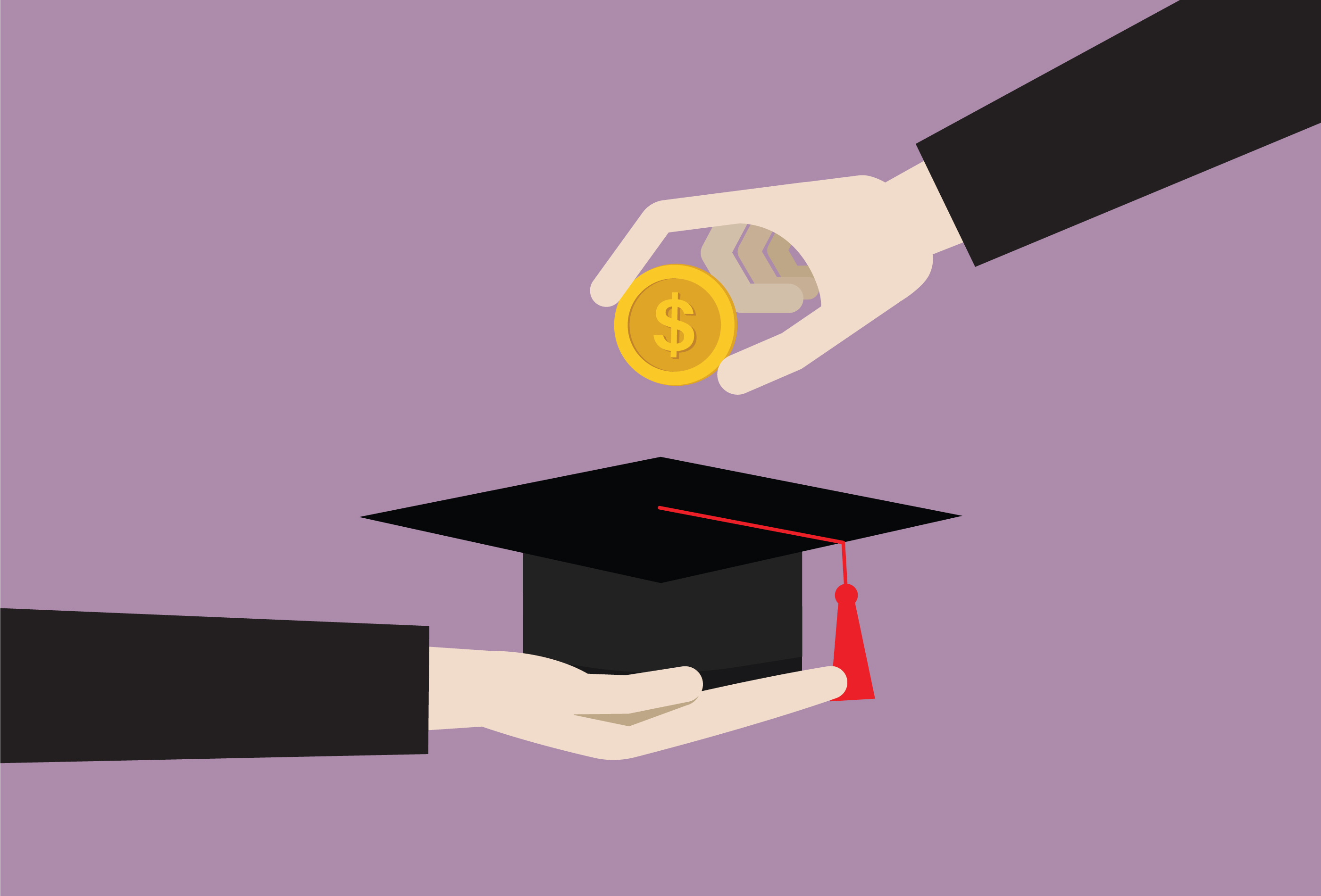 A hand holds a graduation cap with the opening facing up. Another hand places a gold coin into the hat.