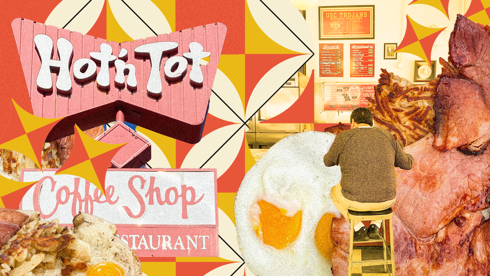 Colorful illustration of a Googie diner sign, ham steak, and eggs.