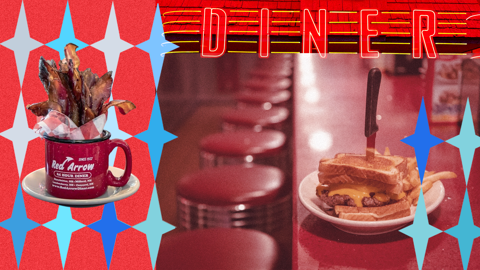 A collage-style illustration of a mug filled with bacon, a patty melt stuck through with a knife on a red counter and a sign that says “Diner.”