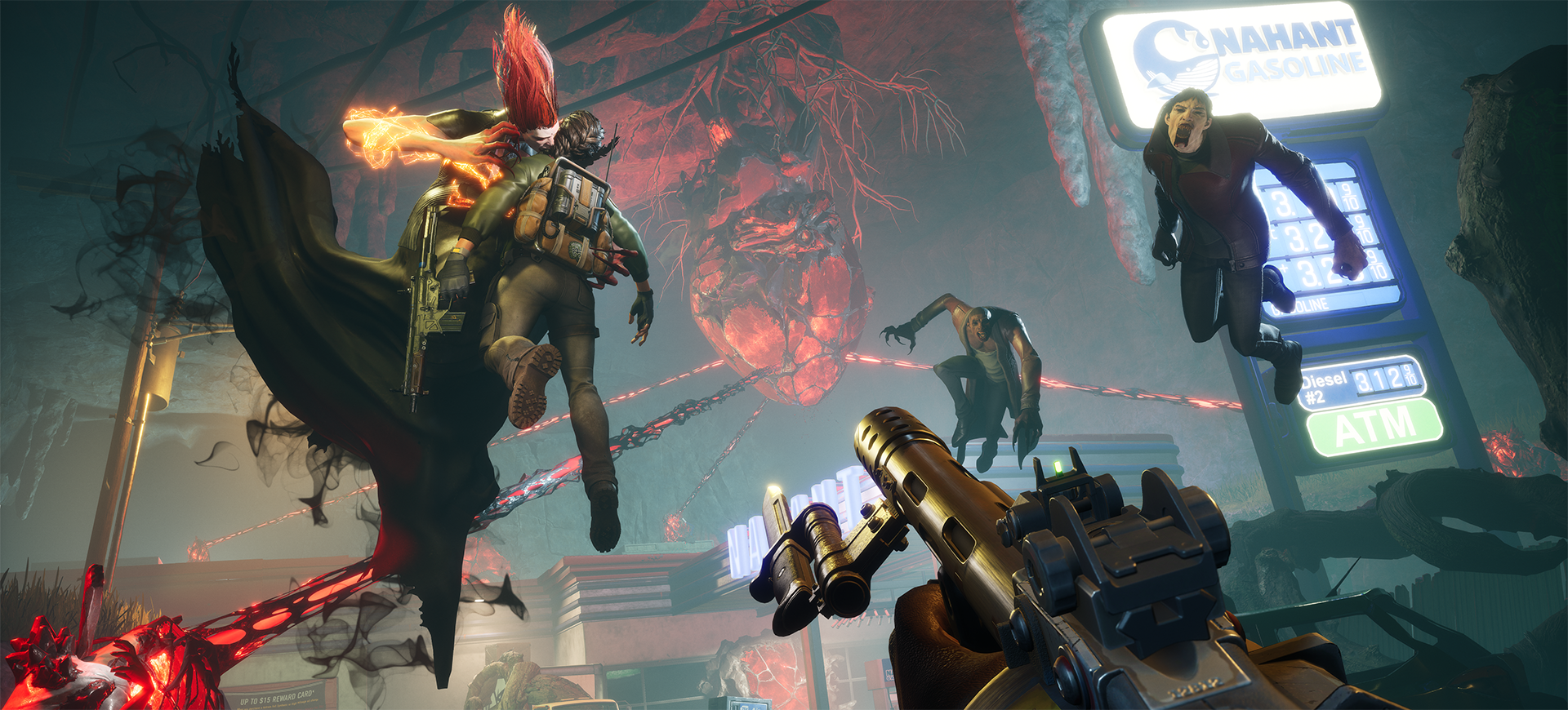 A player aims a machine gun into the sky, where a Vampire enemy is devouring an NPC in an urban area in Redfall