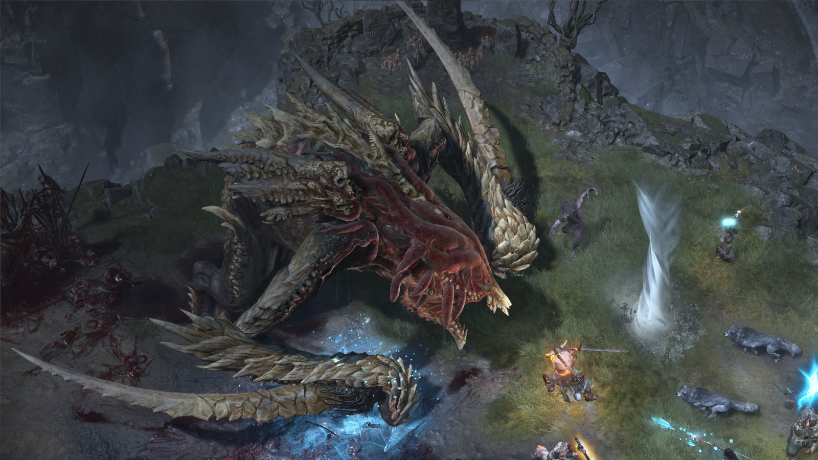 Ashava, demon monstrosity world boss, fighting against a lonely warrior in Diablo 4 / IV