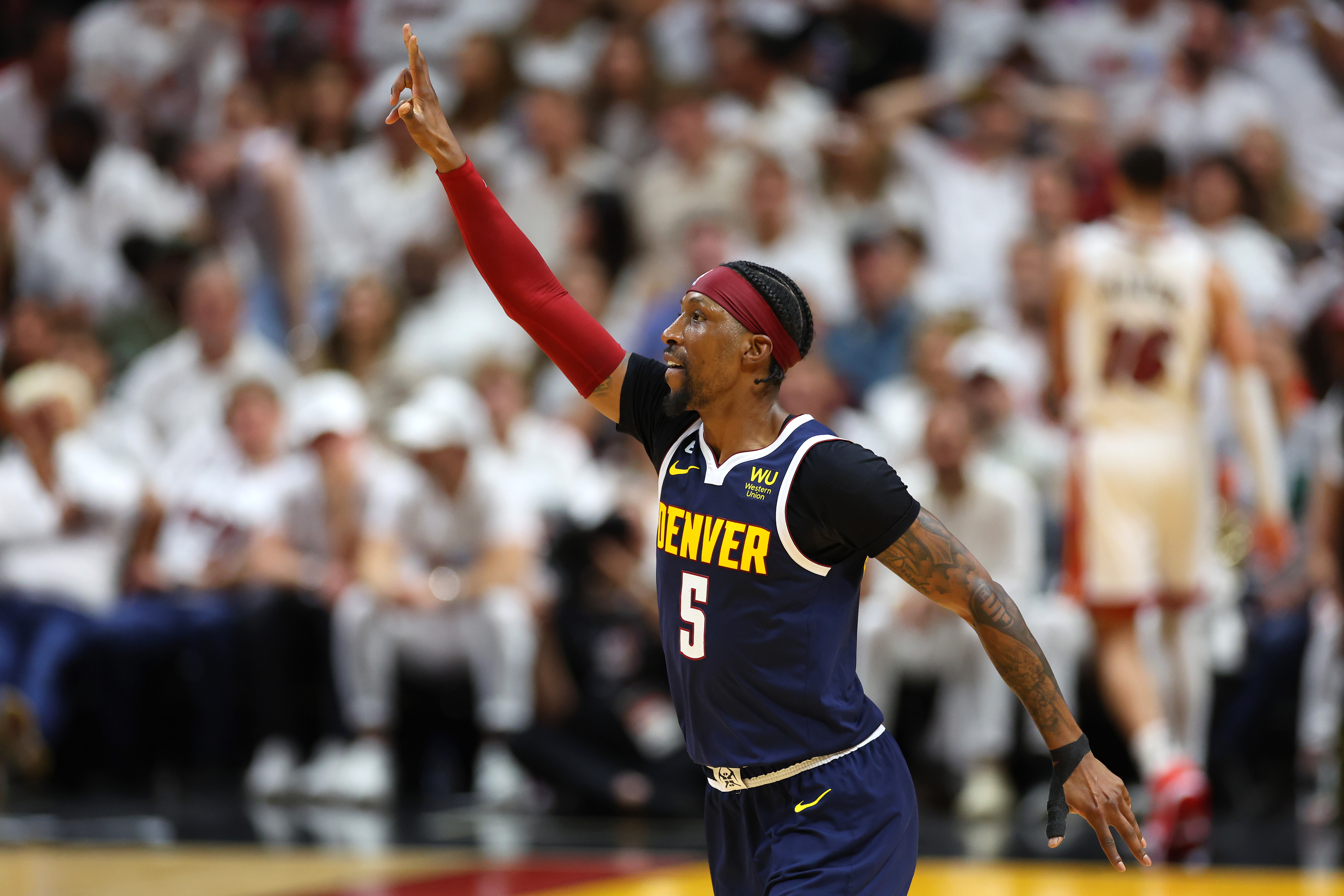 Kentavious Caldwell-Pope #5 of the Denver Nuggets reacts during the fourth quarter against the Miami Heat in Game Four of the 2023 NBA Finals at Kaseya Center on June 09, 2023 in Miami, Florida.&nbsp;