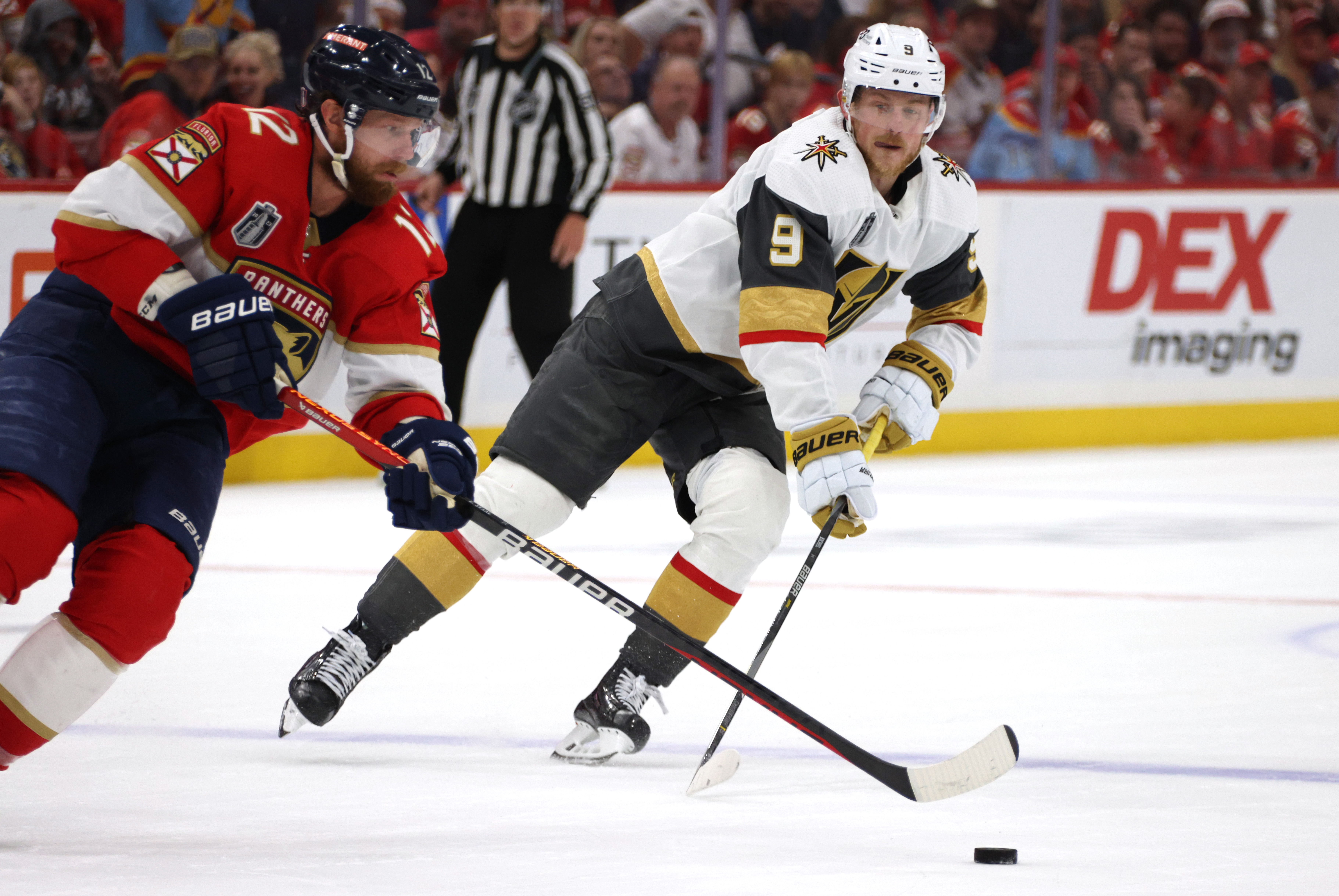 Jack Eichel #9 of the Vegas Golden Knights plays against Eric Staal #12 of the Florida Panthers during the third period of Game Four of the 2023 NHL Stanley Cup Final at FLA Live Arena on June 10, 2023 in Sunrise, Florida