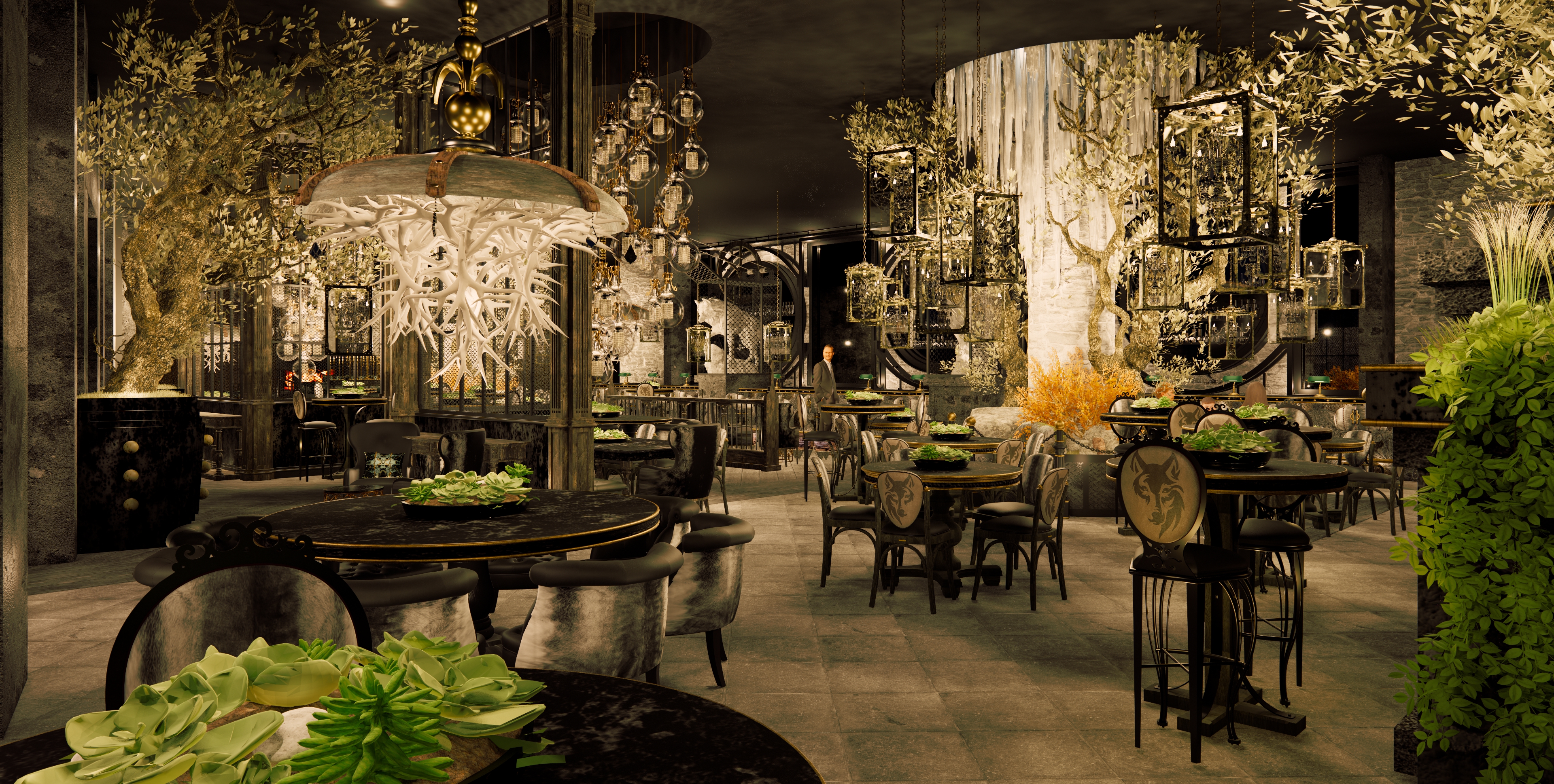 A rendering of a restaurant with elaborate lighting and dark wood furniture.