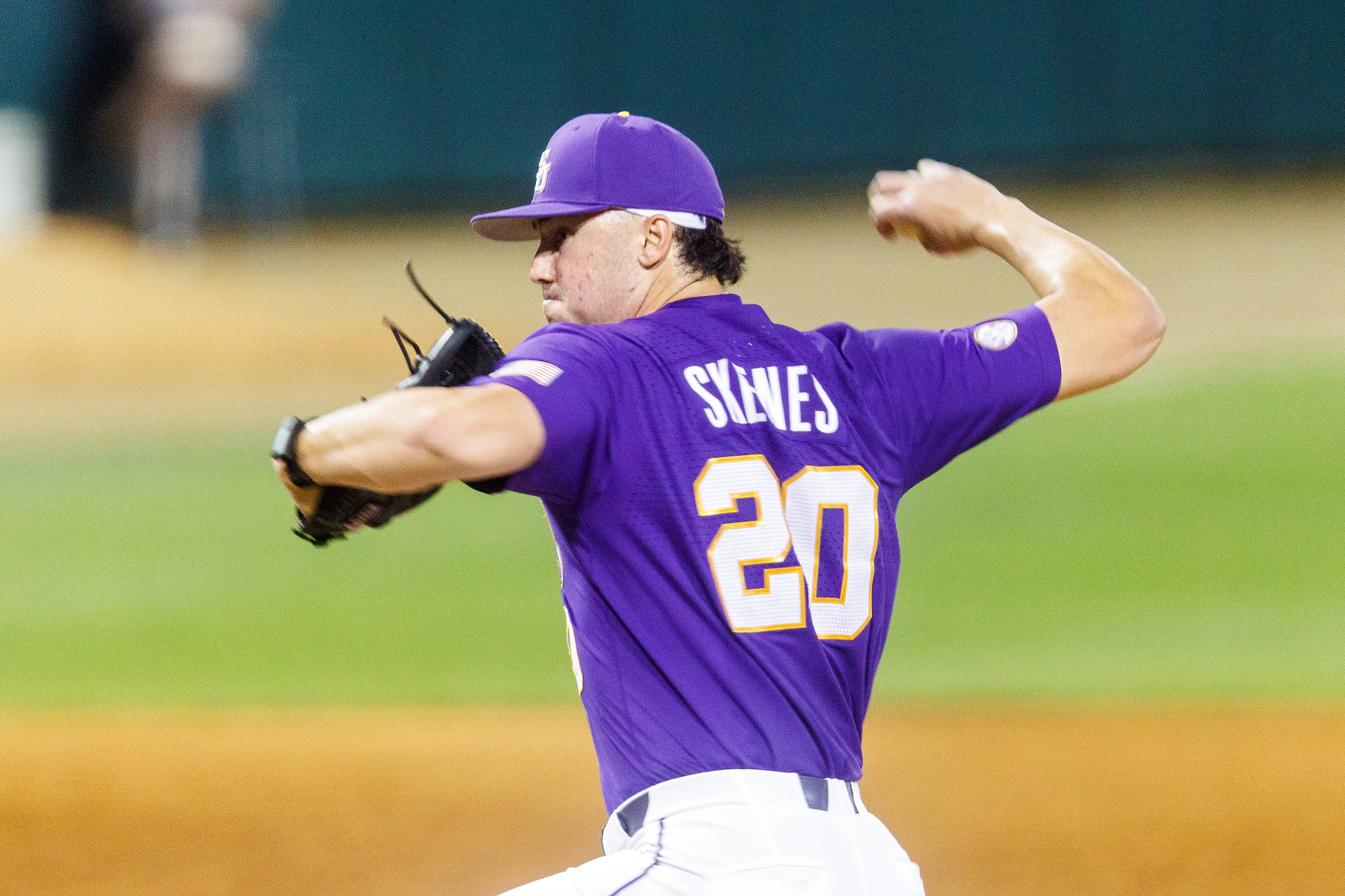 LSU Tigers right handed pitcher Paul Skenes throws a pitch during a game between the LSU Tigers and the Tennessee Volunteers at Alex Box Stadium, in Baton Rouge, Louisiana on March 30, 2023.