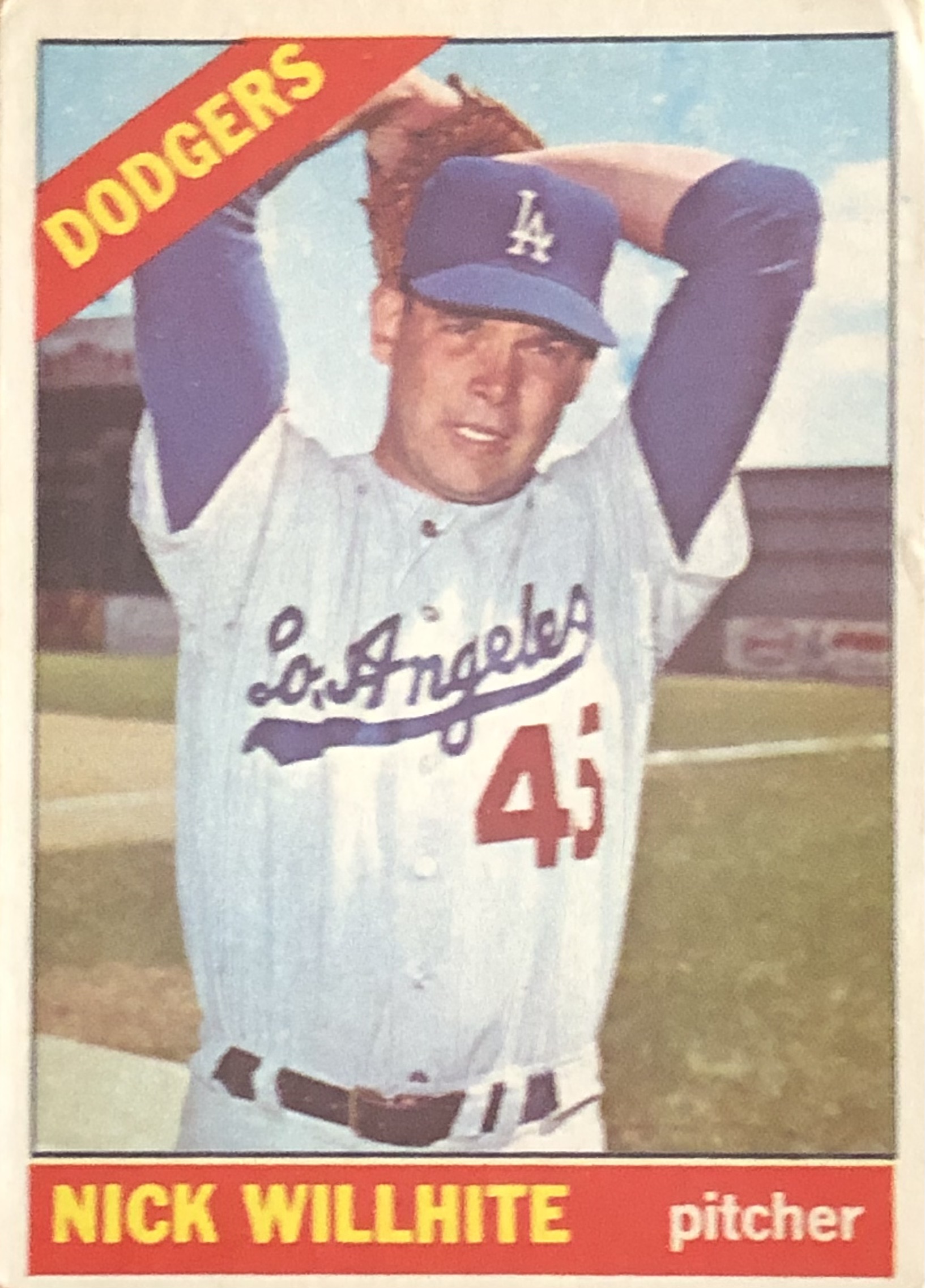 Dodgers left-hander Nick Willhite pitched a shutout in his major league debut, on June 16, 1963 against the Cubs at Dodger Stadium. Here is his 1966 Topps baseball card.