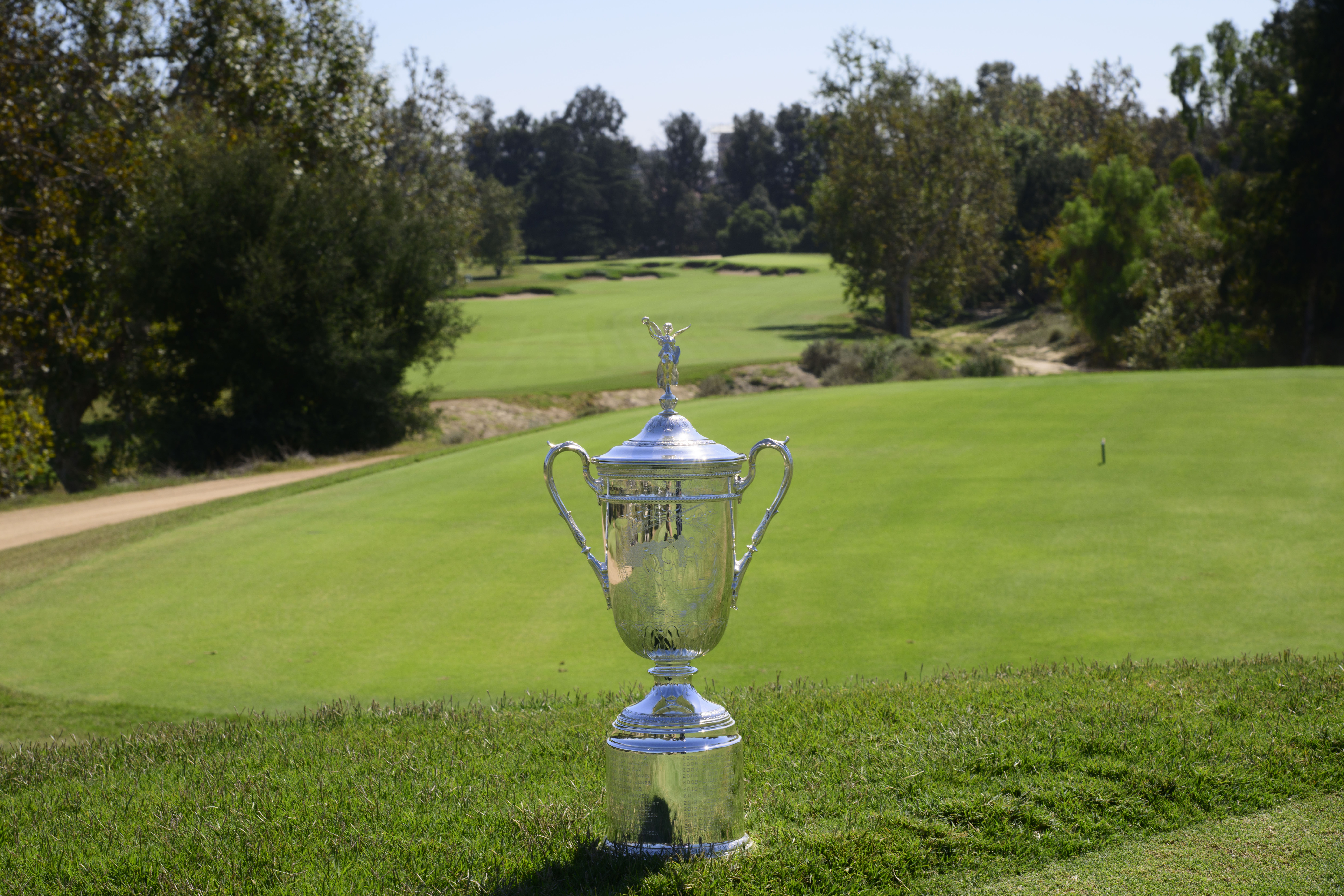 View of the championship trophy on the 17th tee box during the 123rd U.S. Open Championship - First Look event at Los Angeles Country Club North Course.