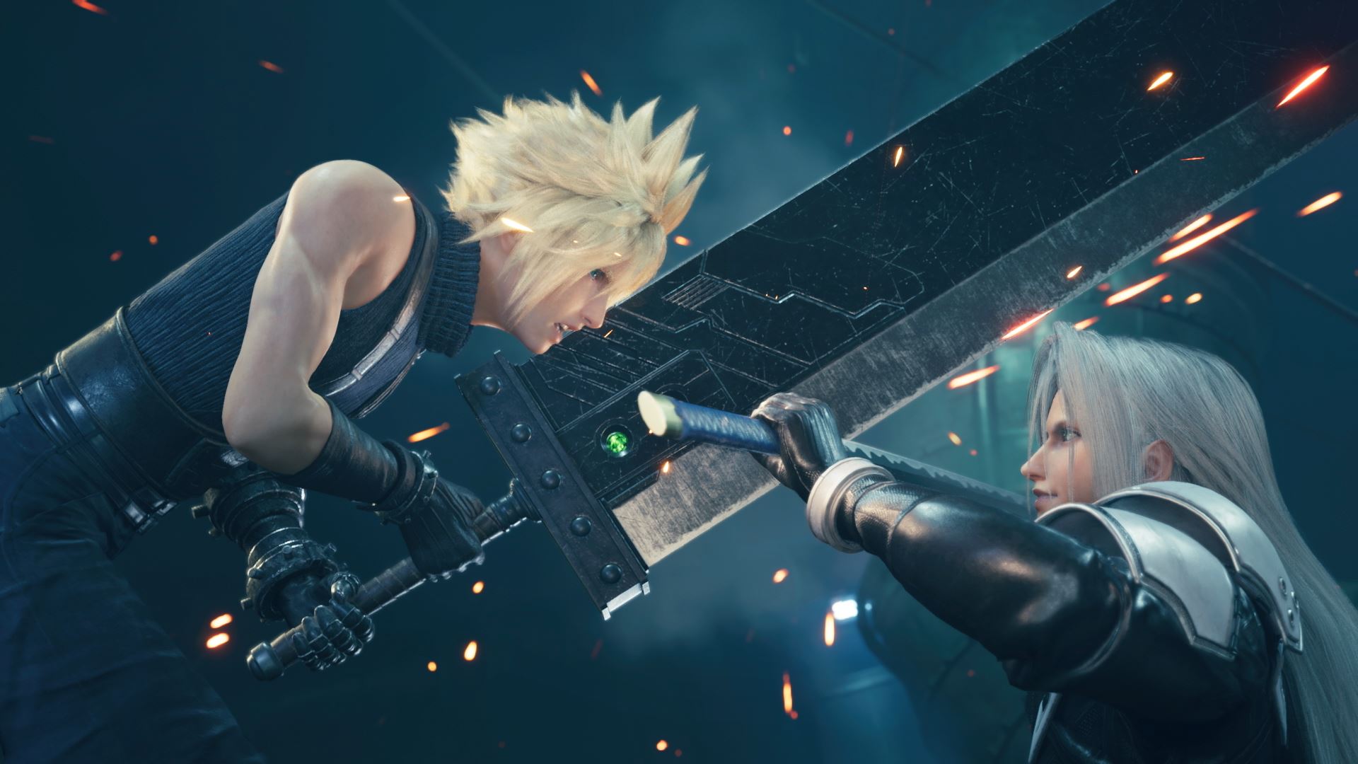 Cloud Strife faces off against Sephiroth in a close up screenshot from Final Fantasy 7 remake.