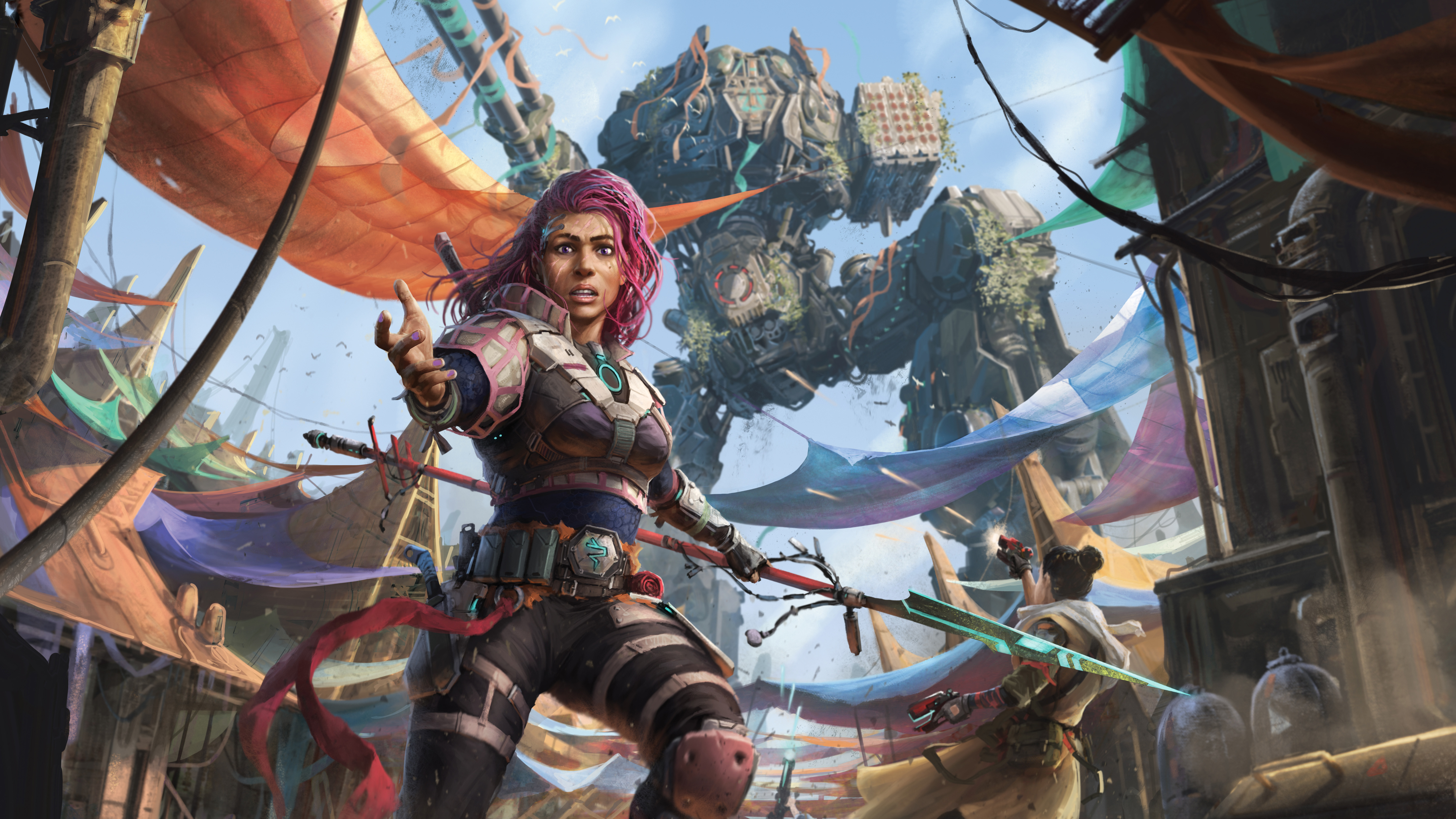 A woman wearing scavenged armor and holding a wicked looking spear with a glass blade reaches out of the frame imploring the viewer to do something about this ancient marauding battlemech.